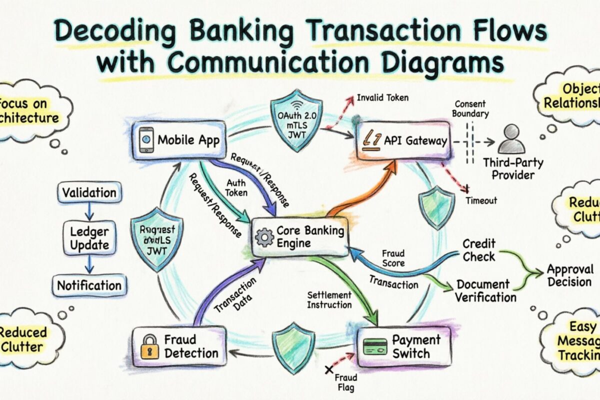 Exemplos do Mundo Real: Decodificando Fluxos de Transações Bancárias com Diagramas de Comunicação