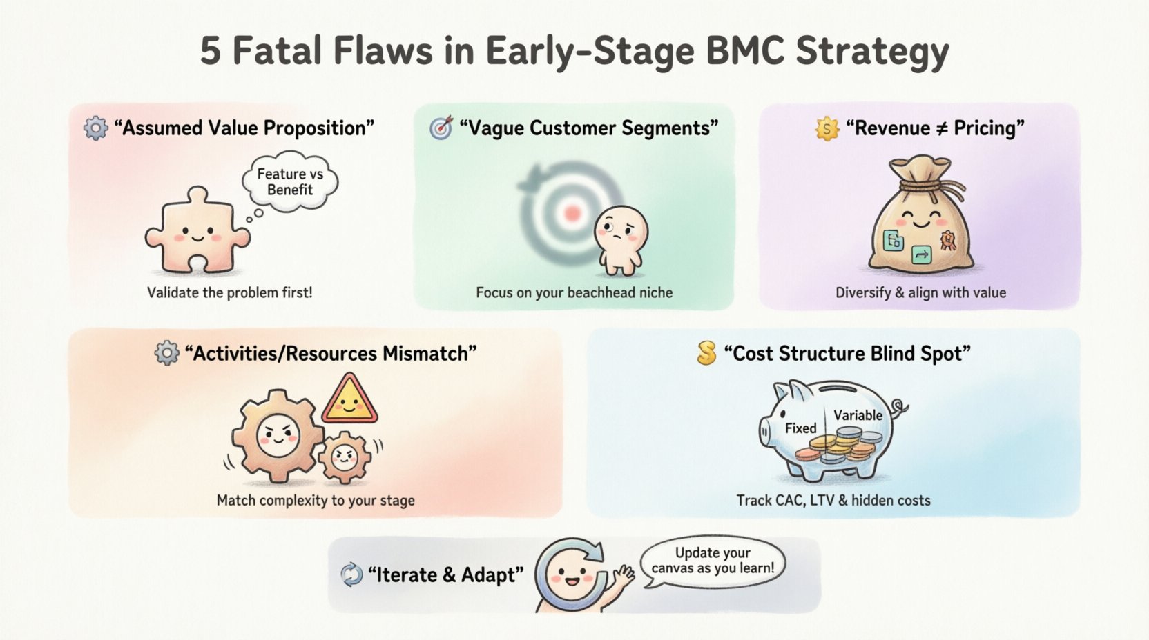 Kawaii cute vector infographic in 16:9 ratio showing the 5 fatal flaws in early-stage Business Model Canvas strategy: assumed value proposition trap, vague customer segments, confusing revenue with pricing, key activities-resources mismatch, and cost structure blind spot. Features pastel colors, rounded shapes, simplified icons with friendly expressions, and actionable correction tips for startup founders.
