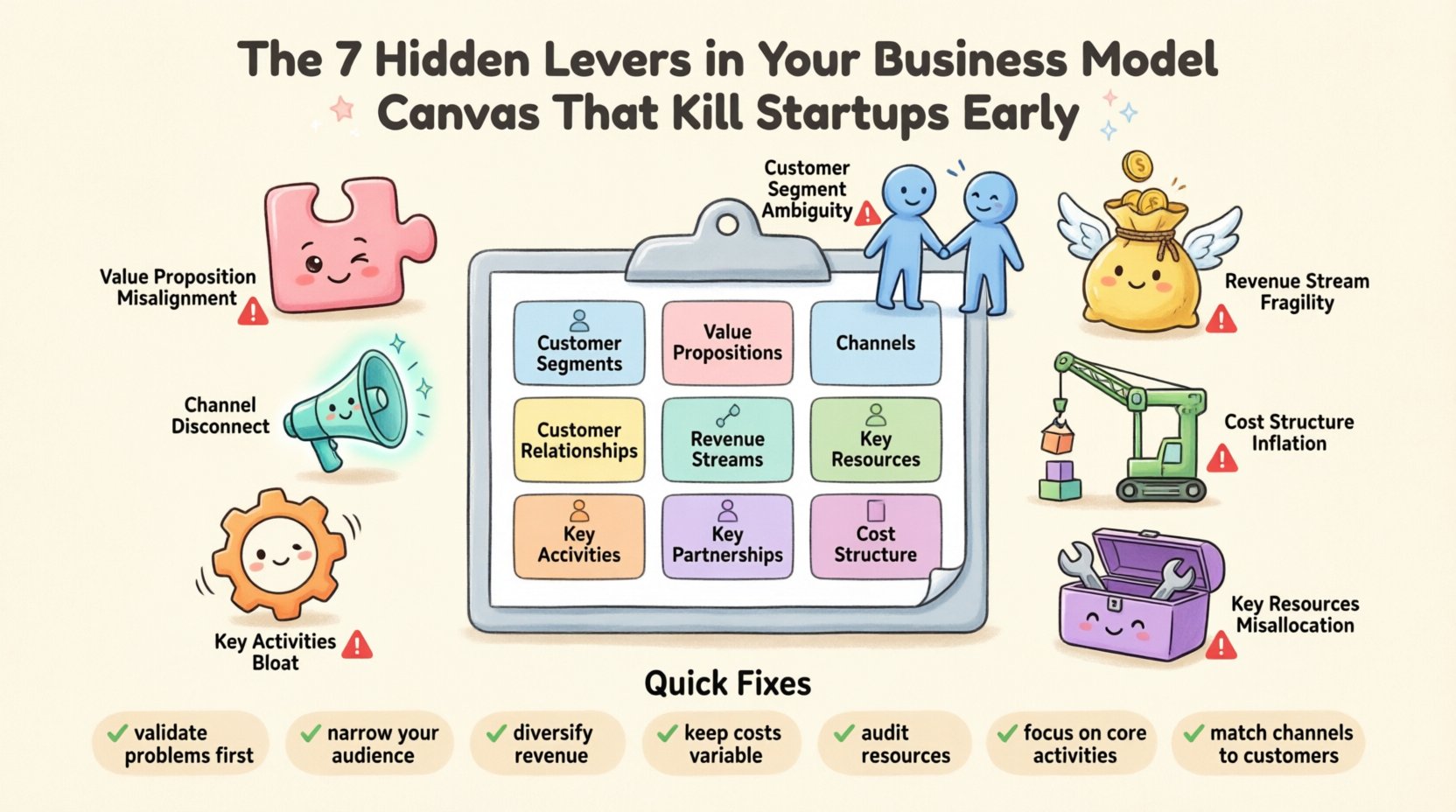 Cute kawaii-style infographic illustrating the 7 hidden levers in the Business Model Canvas that cause startup failure: value proposition misalignment, customer segment ambiguity, revenue stream fragility, cost structure inflation, key resources misallocation, key activities bloat, and channel disconnect, featuring pastel vector icons, simplified shapes, and actionable mitigation strategies for entrepreneurs