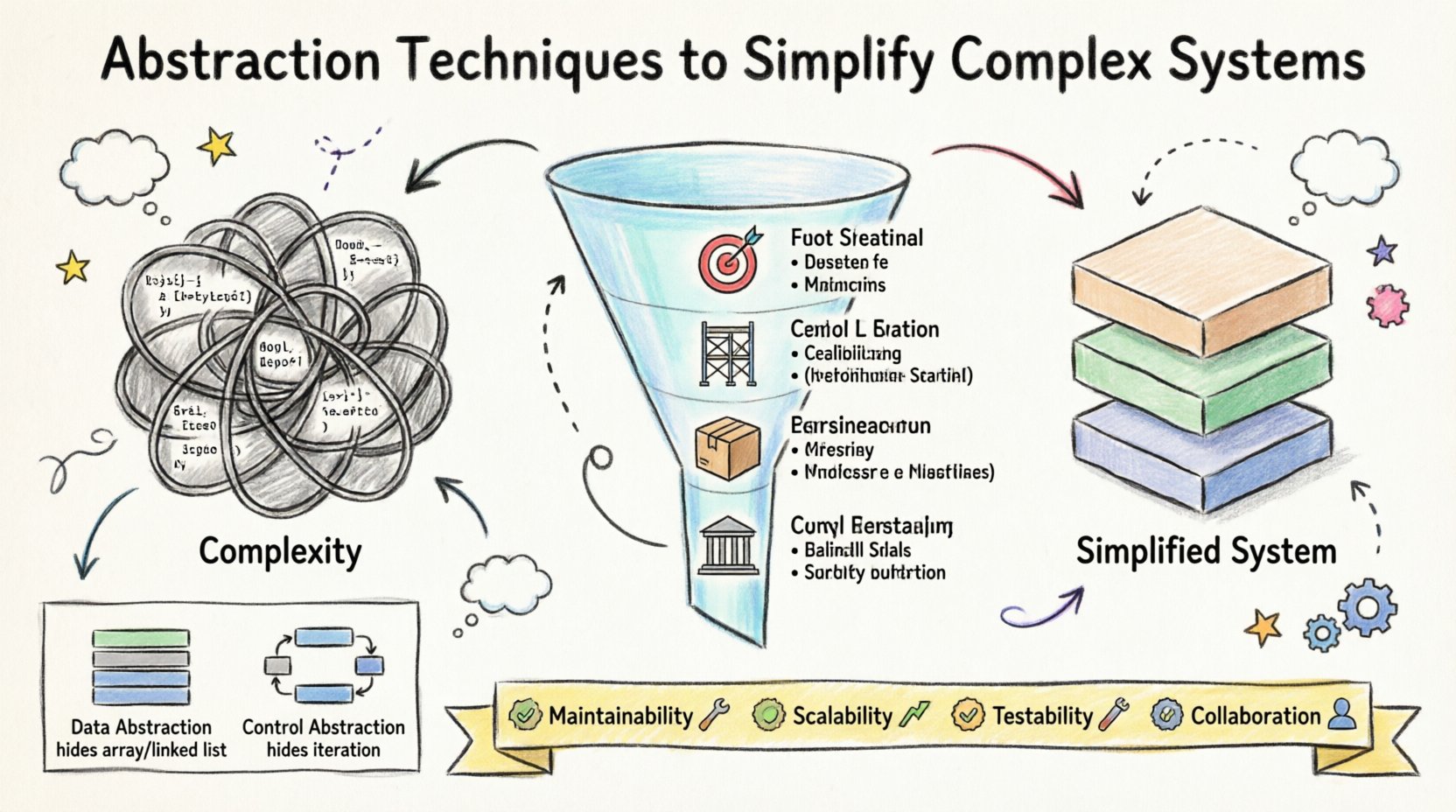 Marker-style infographic illustrating four key abstraction techniques in software development—interface-based design, abstract classes, module boundaries, and layered architecture—showing how they transform complex, tangled code into maintainable, scalable systems, with visual comparison of data vs control abstraction and benefits including testability and team collaboration