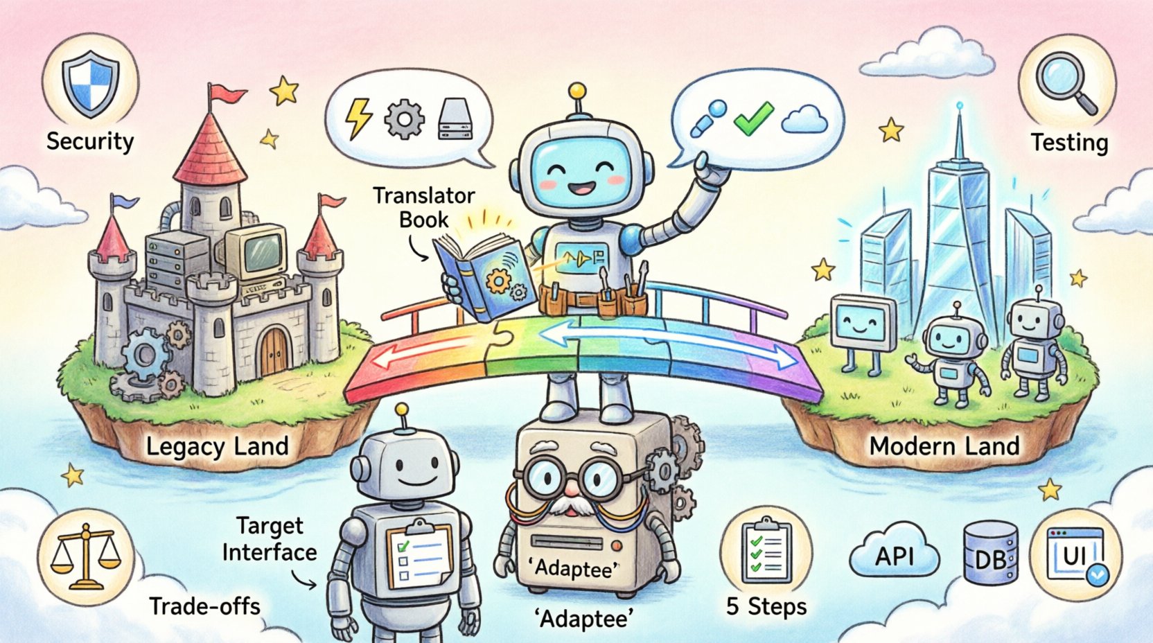 A playful child-friendly infographic illustrating the Adapter Pattern for Legacy System Integration, showing a friendly robot adapter building a colorful bridge between Modern Land and Legacy Land islands, with puzzle pieces connecting incompatible systems, and simple icons representing security, testing, integration steps, and real-world examples like API wrapping and database migration