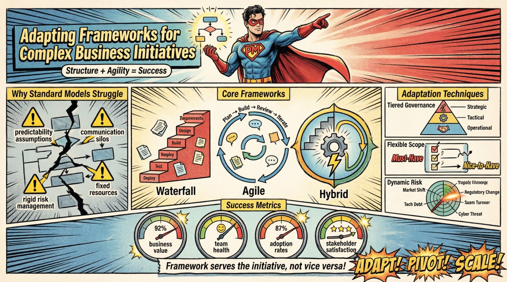 Comic book style infographic summarizing how to adapt project management frameworks for complex business initiatives, featuring waterfall, agile, and hybrid methodologies with strategic adaptation techniques including tiered governance, flexible scope management, and dynamic risk registers to navigate uncertainty and deliver measurable business value