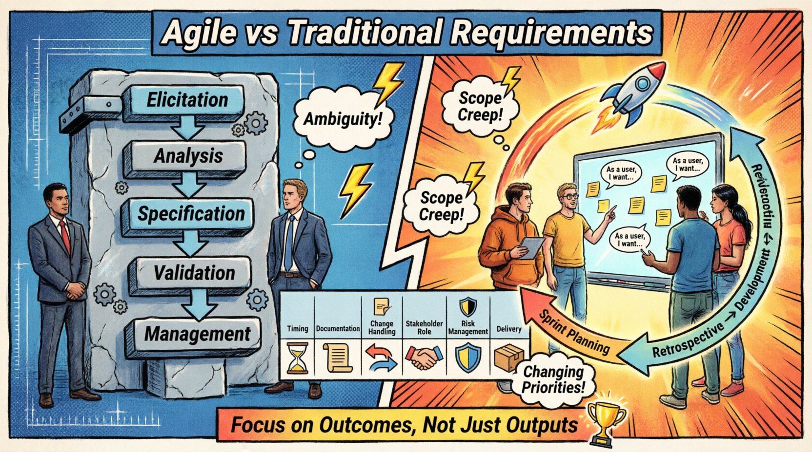 Comic book style infographic comparing Agile and Traditional requirements management approaches: left panel shows Waterfall methodology with sequential phases, formal documentation, and change control processes; right panel displays Agile approach with user stories, sprint cycles, backlog prioritization, and iterative feedback loops; center features comparison table covering timing, documentation style, change handling, stakeholder involvement, risk management, and delivery frequency; includes visual callouts for common challenges like scope creep and ambiguity with solution strategies; designed in vibrant comic aesthetic with bold outlines, halftone shading, and dynamic panel layout for engaging educational content about project management methodologies.