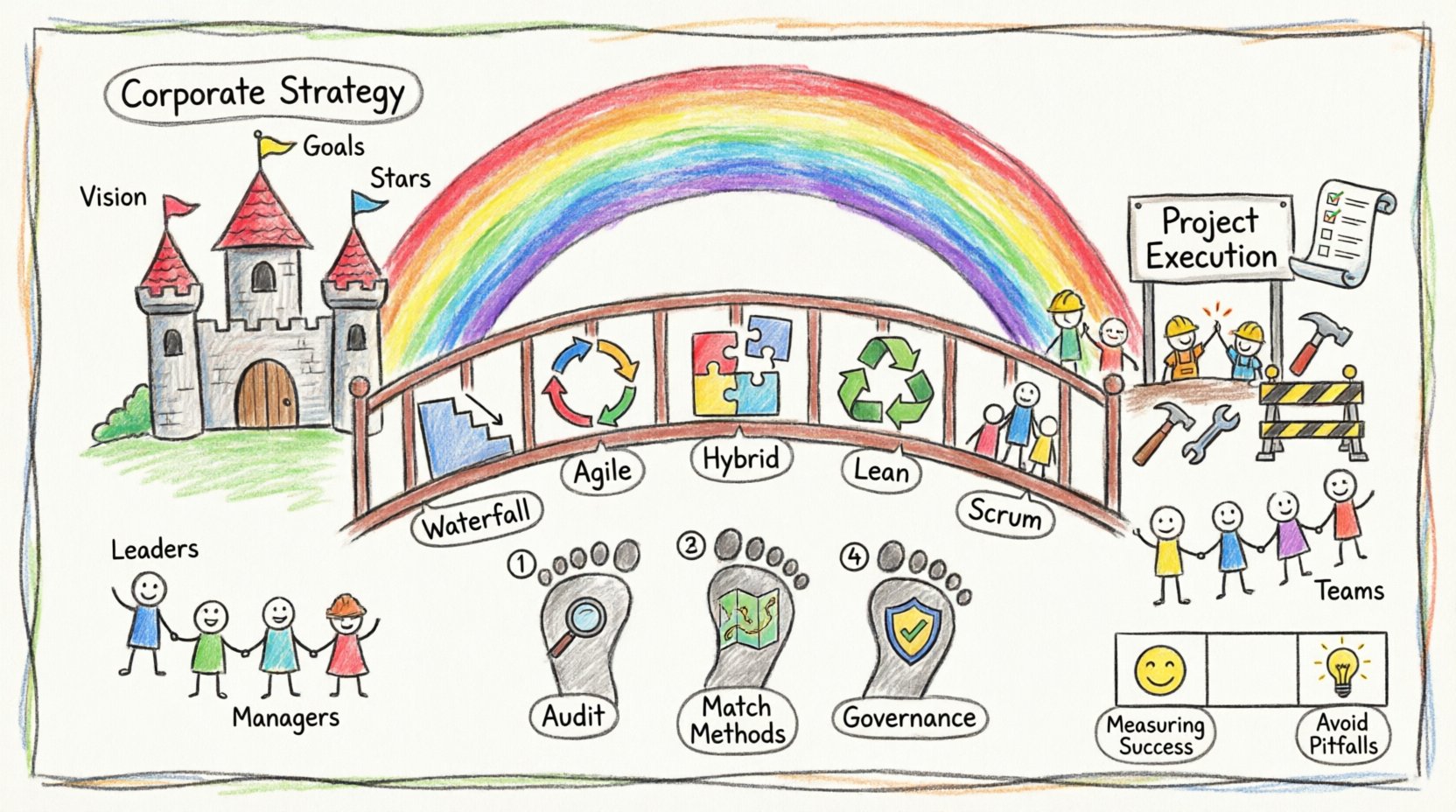 Child-style infographic illustrating how to align project methodologies like Agile, Waterfall, and Scrum with corporate strategy, featuring a colorful bridge connecting business vision to project execution, with steps for strategic audit, methodology mapping, governance, and success metrics