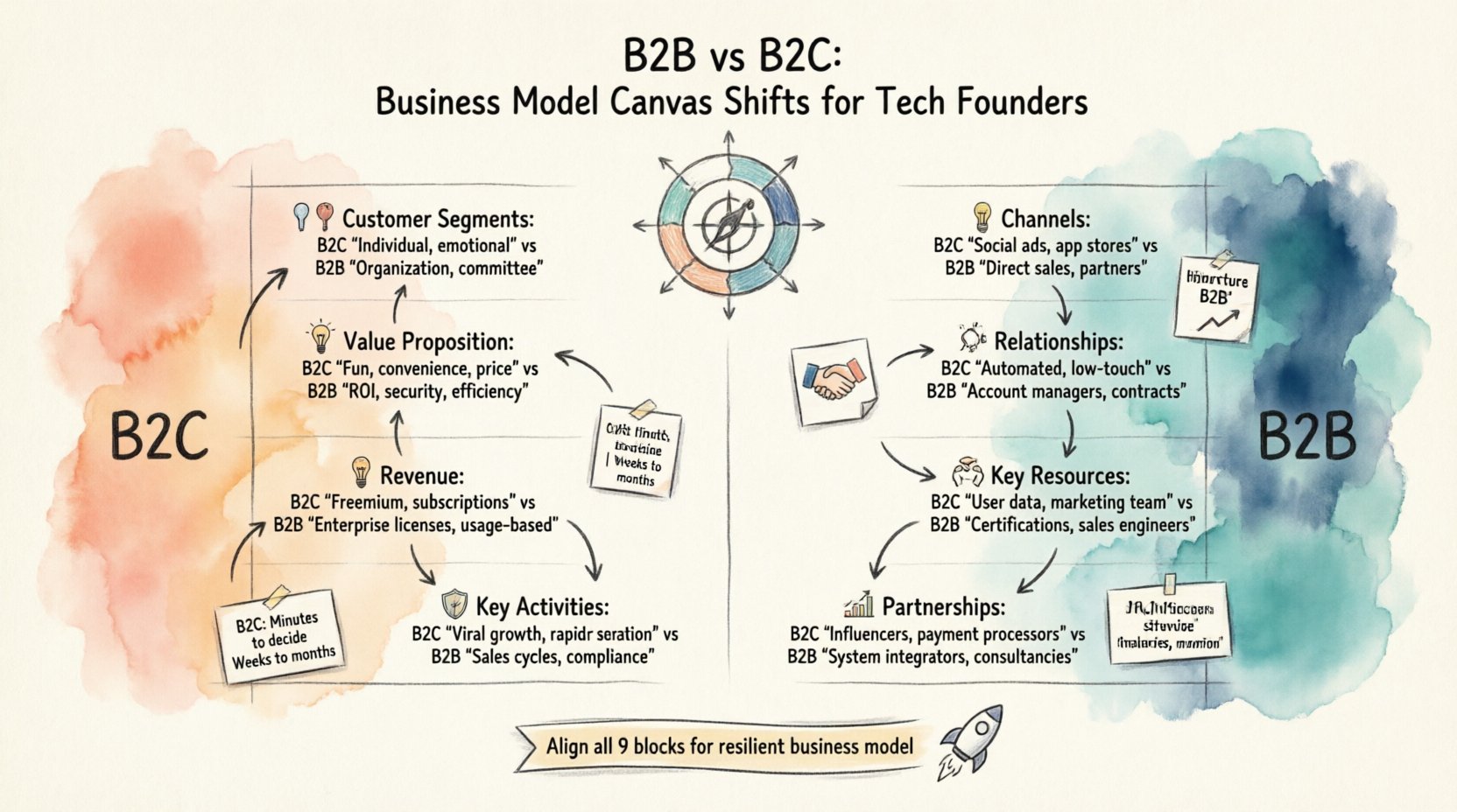 Hand-drawn infographic comparing B2B and B2C business models across the 9 Business Model Canvas blocks: customer segments, value propositions, channels, relationships, revenue streams, key resources, activities, partnerships, and cost structure for tech founders