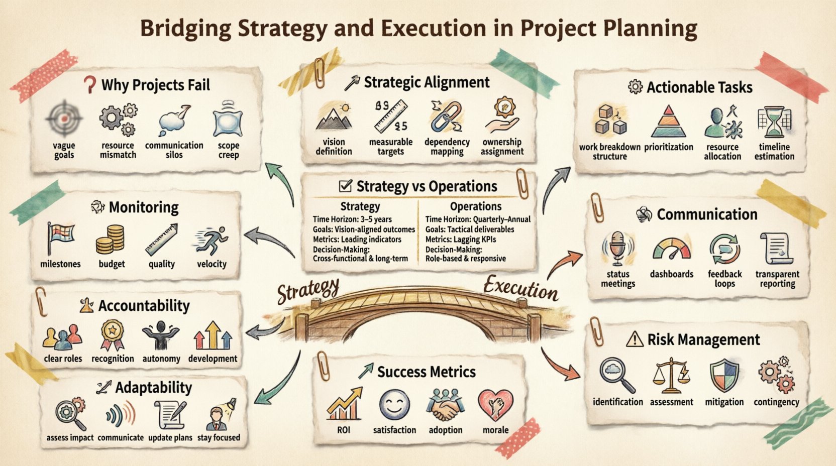 Infographic in stamp and washi tape style summarizing how to bridge strategy and execution in project planning, featuring key sections: why projects fail, strategic alignment, actionable tasks, strategy vs operations comparison, communication practices, risk management, progress monitoring, accountability culture, success metrics, and adaptability frameworks, with decorative craft elements and clear visual hierarchy
