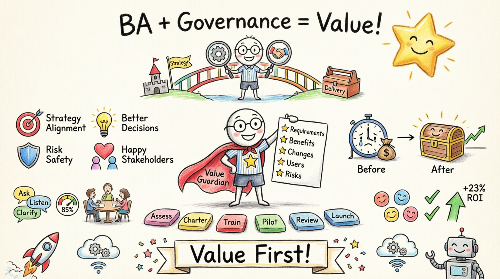 Child-style infographic illustrating how integrating business analysis into governance structures bridges strategy and execution, featuring value assurance pillars, BA authority roles, communication channels, implementation roadmap, and success metrics for better project outcomes