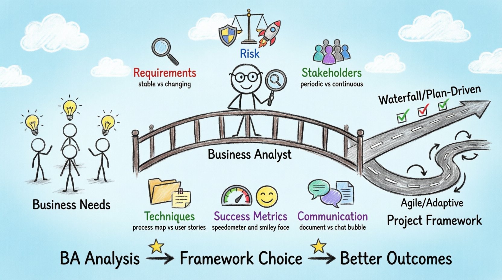 Child's drawing style infographic showing how Business Analysts influence project framework choices: a smiling stick-figure BA on a bridge connecting business needs to framework paths (Waterfall vs Agile), with doodle icons for requirements stability, stakeholder engagement, risk assessment, analysis techniques, communication patterns, and success metrics in bright crayon-style art on 16:9 layout