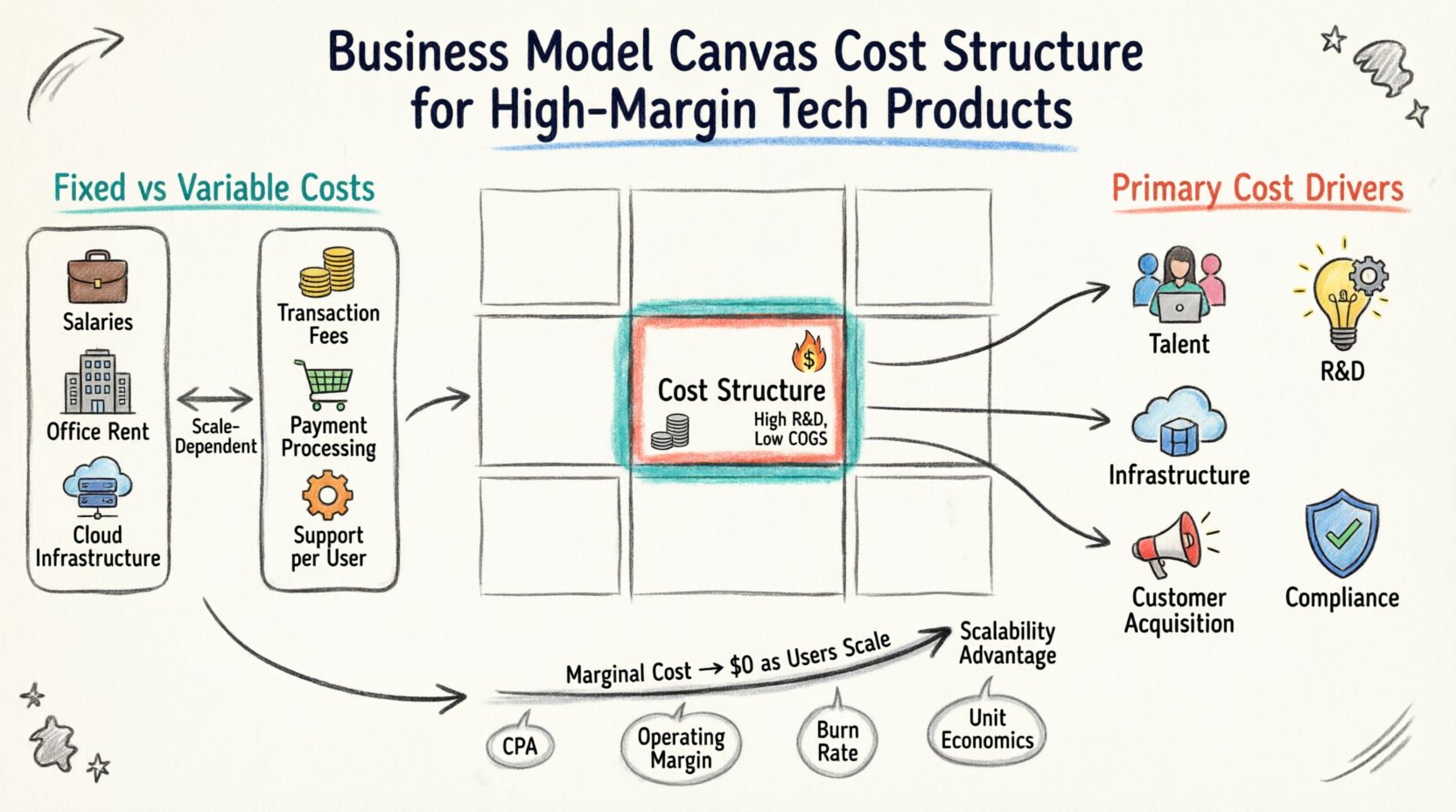 Marker illustration infographic breaking down the Cost Structure component of the Business Model Canvas for high-margin tech products, showing fixed vs variable costs, primary cost drivers including talent R&D infrastructure and customer acquisition, scalability curve demonstrating near-zero marginal costs, and key metrics like CPA operating margin and unit economics