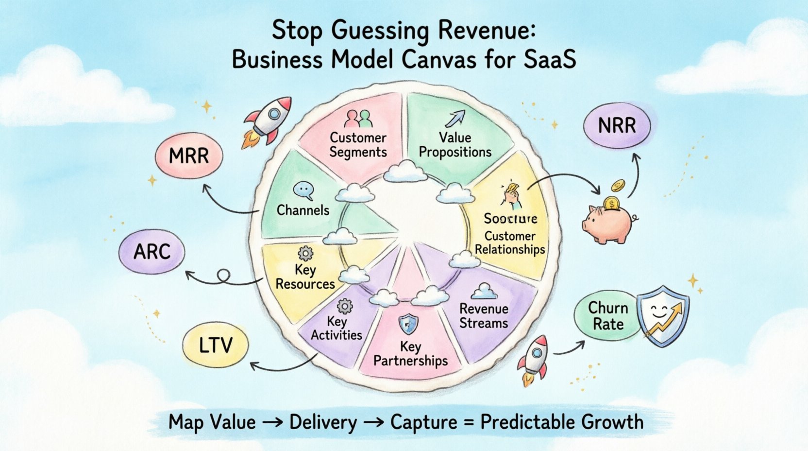Whimsical infographic illustrating the nine building blocks of the Business Model Canvas adapted for SaaS companies: Customer Segments, Value Propositions, Channels, Customer Relationships, Revenue Streams, Key Resources, Key Activities, Key Partnerships, and Cost Structure. Visualizes how these components connect to drive key metrics like MRR, ARR, CAC, LTV, and churn rate, helping SaaS founders move from revenue guessing to strategic financial modeling.