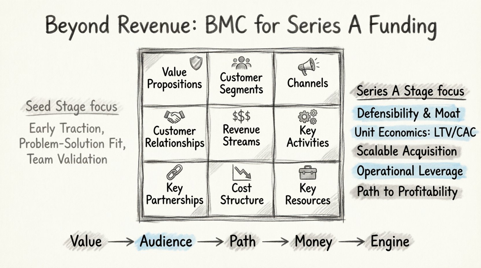 Sketch-style infographic illustrating the Business Model Canvas framework for Series A funding success, featuring nine strategic blocks: Value Propositions, Customer Segments, Channels, Customer Relationships, Revenue Streams, Key Activities, Key Partnerships, and Cost Structure. Highlights critical Series A investor evaluation criteria including unit economics, LTV/CAC ratios, defensibility moats, scalable acquisition channels, operational leverage, and path to profitability. Includes visual Seed vs Series A stage comparison table and narrative flow diagram (Value → Audience → Path → Money → Engine) to help founders align their business model with venture capital due diligence requirements and demonstrate sustainable growth potential.