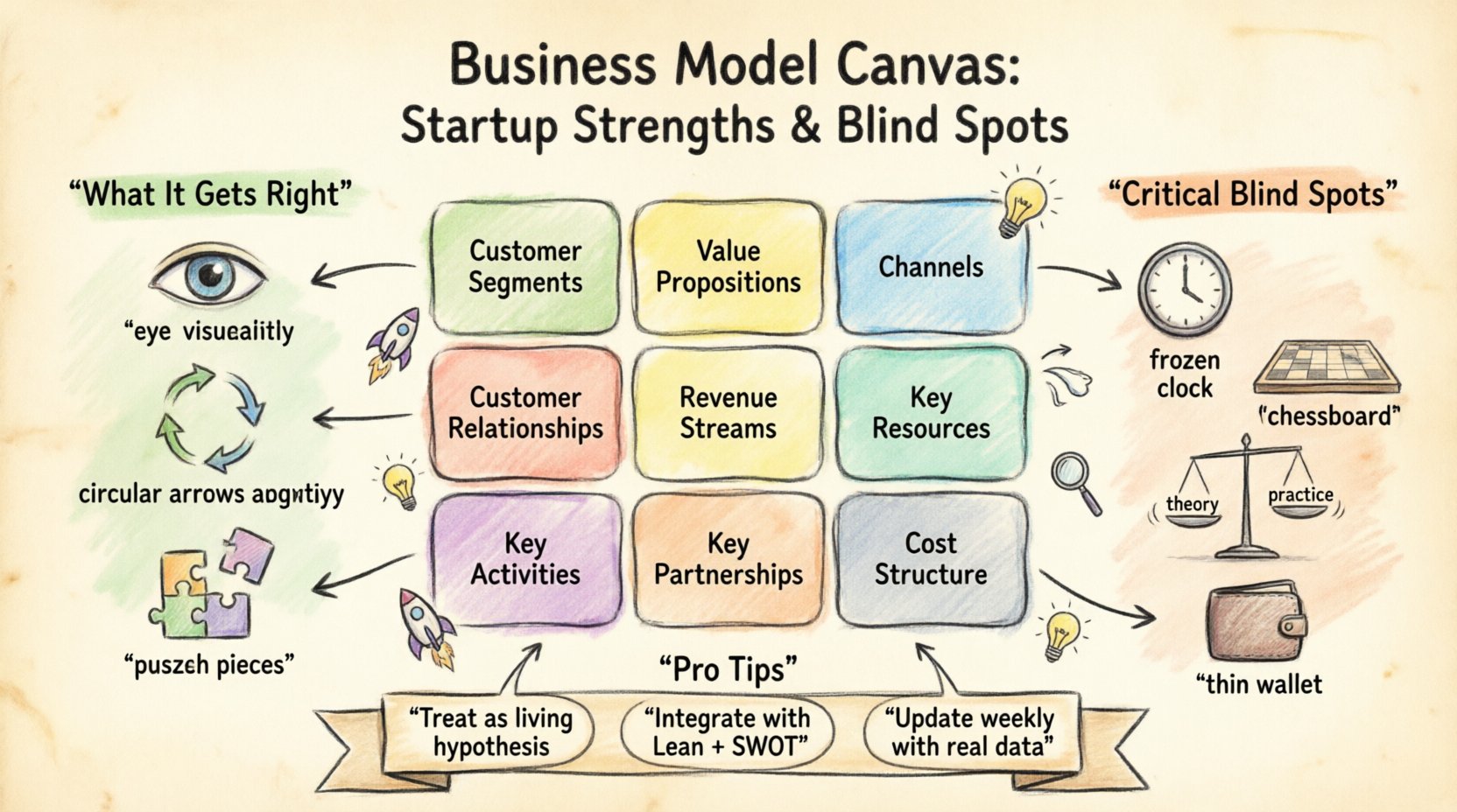 Marker illustration infographic explaining the Business Model Canvas for startups: displays the 9 building blocks (Customer Segments, Value Propositions, Channels, Customer Relationships, Revenue Streams, Key Resources, Key Activities, Key Partnerships, Cost Structure), highlights key strengths like visualization and iteration, warns of blind spots including static timeline and missing competitor analysis, and offers pro tips for integrating with Lean methodology and updating with real data
