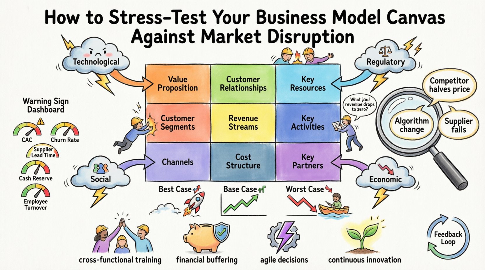 Cartoon infographic illustrating how to stress-test a Business Model Canvas against market disruption, featuring the 9 building blocks (Value Proposition, Customer Segments, Channels, Customer Relationships, Revenue Streams, Key Resources, Key Activities, Key Partners, Cost Structure) surrounded by four disruption types (technological, regulatory, economic, social), scenario planning paths for best/base/worst case outcomes, early warning indicator dashboard gauges, and resilience-building strategies with playful business characters testing their model under pressure