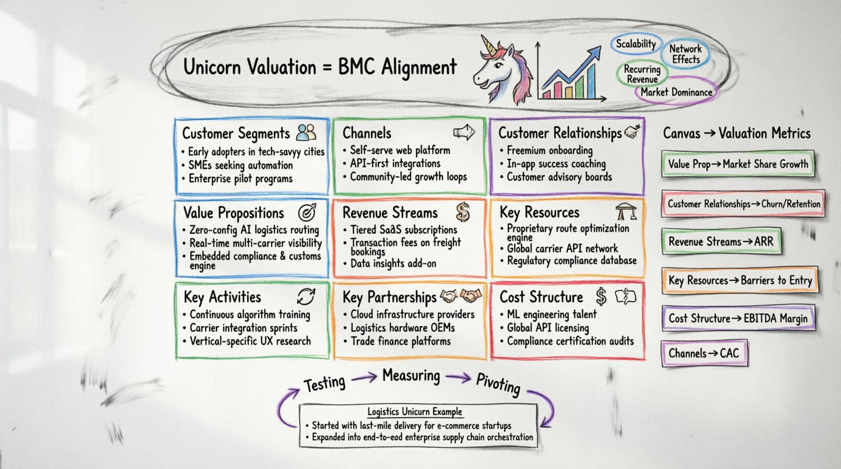 Hand-drawn whiteboard infographic illustrating the 9 building blocks of the Business Model Canvas and their connection to unicorn startup valuation drivers, featuring color-coded marker sections for customer segments, value propositions, revenue streams, key resources, and strategic iteration loops with metrics mapping