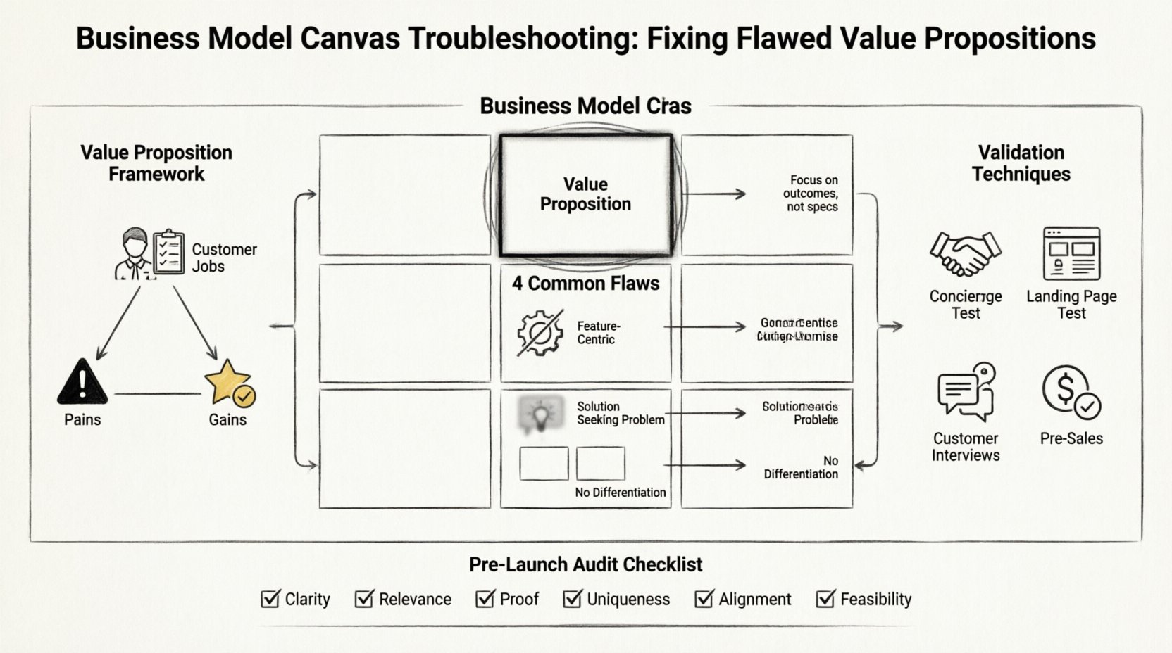 Line art infographic illustrating how to troubleshoot and fix flawed value propositions in the Business Model Canvas, featuring the Customer Jobs-Pains-Gains framework, four common value proposition flaws with corrections, lean validation techniques including concierge tests and customer interviews, BMC iteration workflow, and a six-point pre-launch audit checklist for startup founders