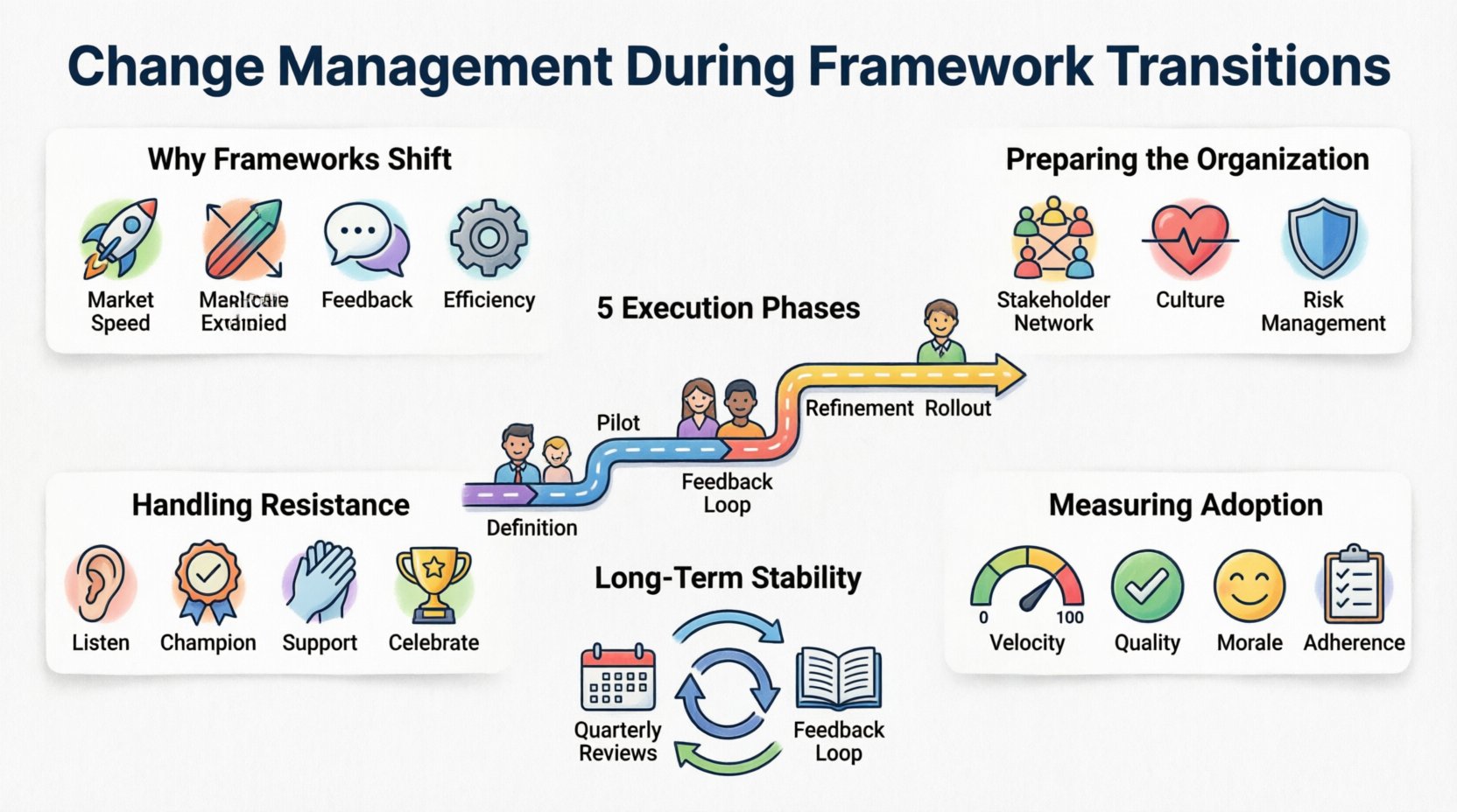 Cartoon infographic summarizing change management during project management framework transitions: covers why frameworks shift (market dynamics, scalability, feedback, efficiency), organizational preparation (stakeholder mapping, cultural readiness, risk identification), 5-phase execution roadmap (definition, pilot, feedback, refinement, rollout), strategies for handling resistance (listen, champion support, training, celebrate wins), adoption metrics (velocity, quality, morale, adherence), and long-term stability practices (reviews, continuous training, feedback loops)