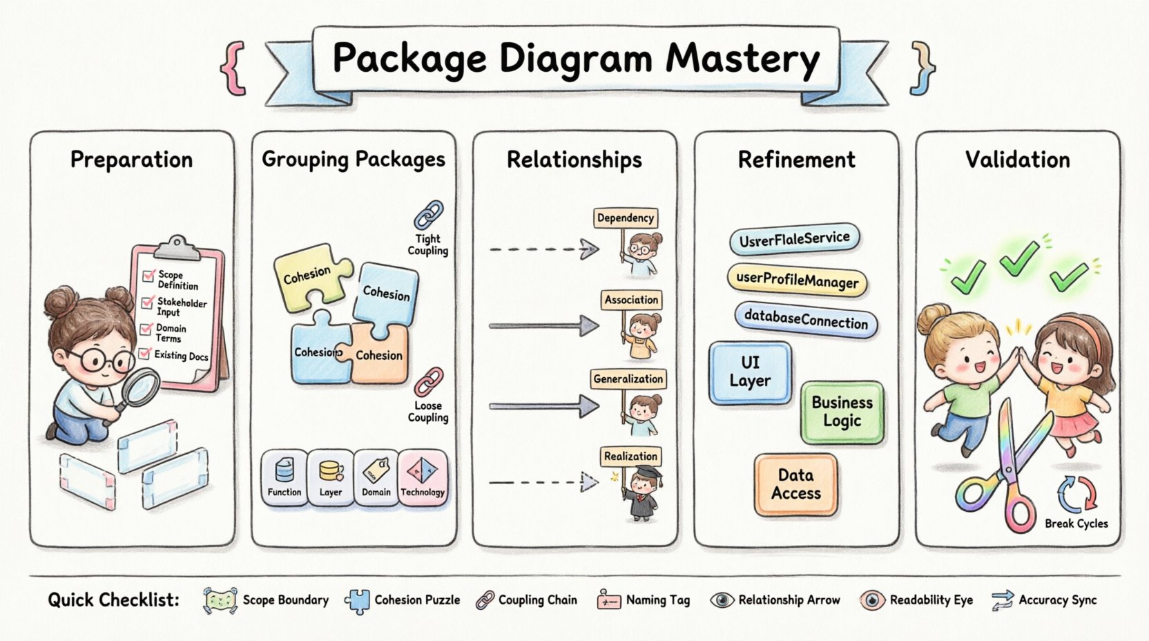 Chibi-style infographic illustrating a 5-phase tutorial for creating clear package diagrams: Preparation (scope definition), Grouping Packages (cohesion and coupling principles), Defining Relationships (dependency, association, generalization, realization), Refinement (naming conventions and visual hierarchy), and Validation (dependency rule and cycle checks), featuring cute developer characters, puzzle pieces, labeled arrows, color-coded modules, and a quick reference checklist for software architecture best practices