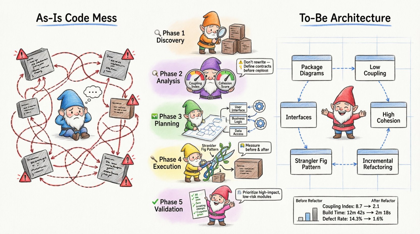 Chibi-style infographic illustrating the 5-phase process of refactoring legacy code using package diagrams: Discovery (mapping dependencies), Analysis (identifying coupling issues), Planning (defining interfaces), Execution (Strangler Fig pattern migration), and Validation (testing and monitoring). Shows before/after architecture comparison with cute developer characters, UML package symbols, dependency arrows, and success metrics including reduced coupling index, faster build times, and lower defect rates for software engineering teams.