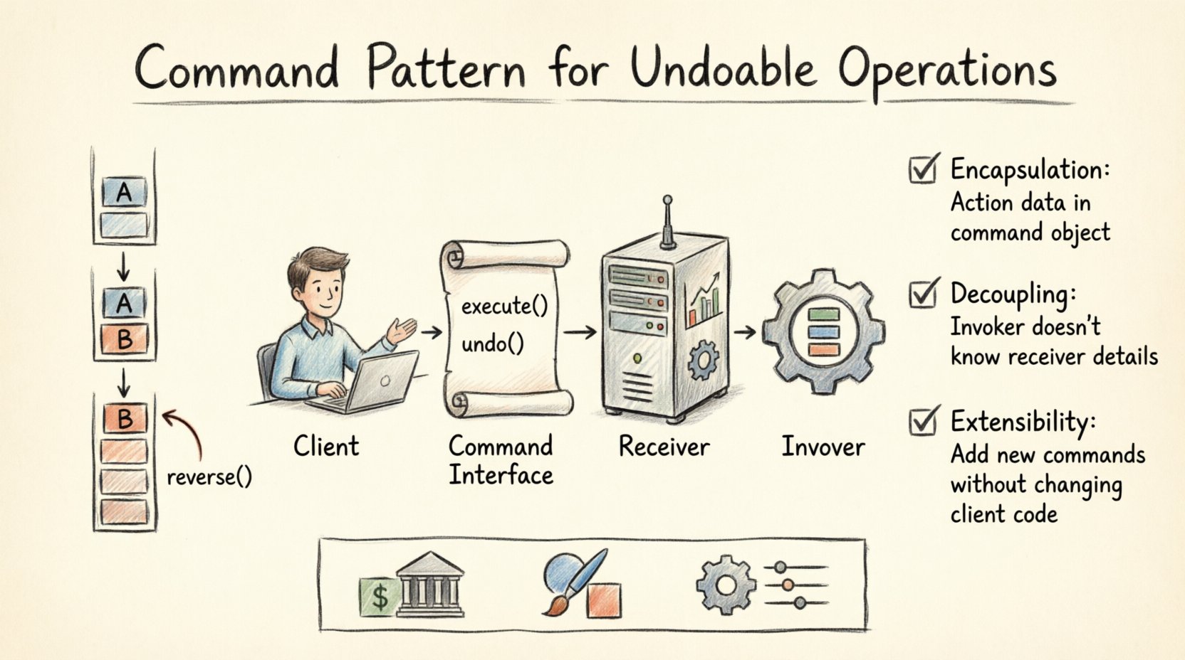 Hand-drawn infographic illustrating the Command Pattern for undoable operations in software design, showing the four key components (Client, Command Interface, Receiver, Invoker), history stack with LIFO undo mechanism, execute/undo method flow, key benefits like encapsulation and decoupling, and real-world applications in banking, graphic design, and configuration management