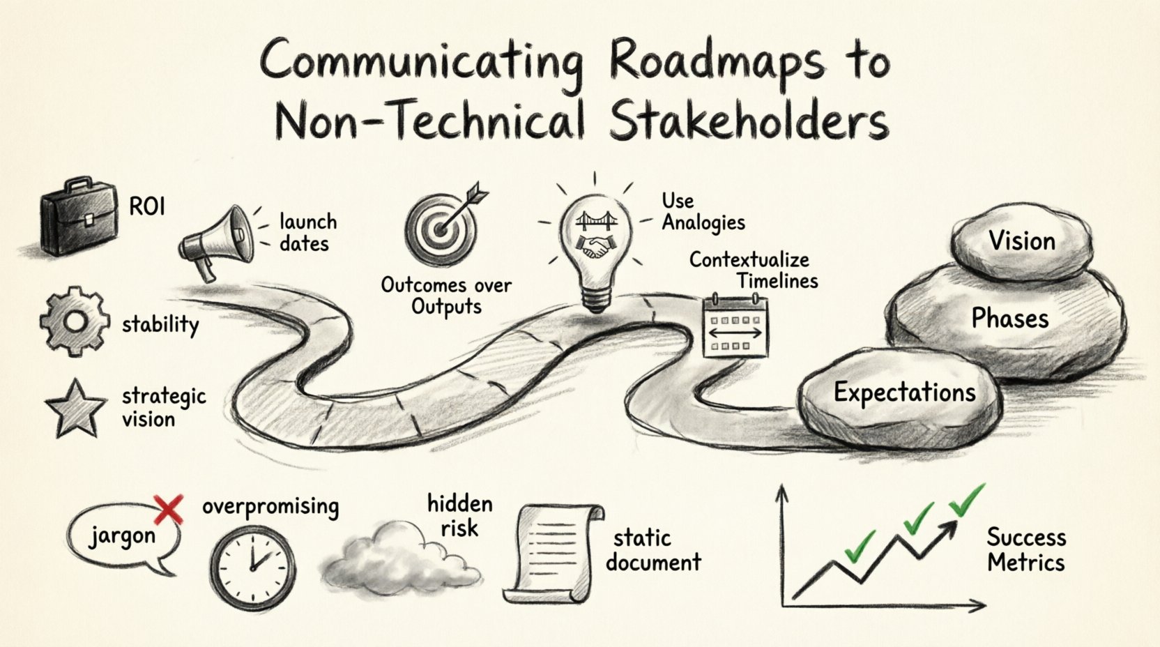 Charcoal sketch infographic illustrating strategies for communicating technical project roadmaps to non-technical stakeholders, featuring audience analysis icons for business leaders and marketing teams, outcome-focused messaging principles, narrative structure phases, common pitfalls like jargon overload, and success metrics for stakeholder alignment