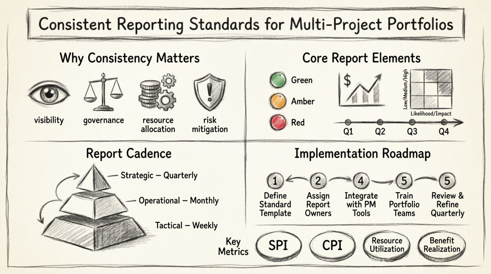 Charcoal sketch infographic illustrating consistent reporting standards for multi-project portfolios: shows why consistency matters, core report elements including color-coded health status and financial metrics, report cadence pyramid for tactical/operational/strategic audiences, five-step implementation roadmap, and key portfolio metrics like SPI and CPI for effective governance