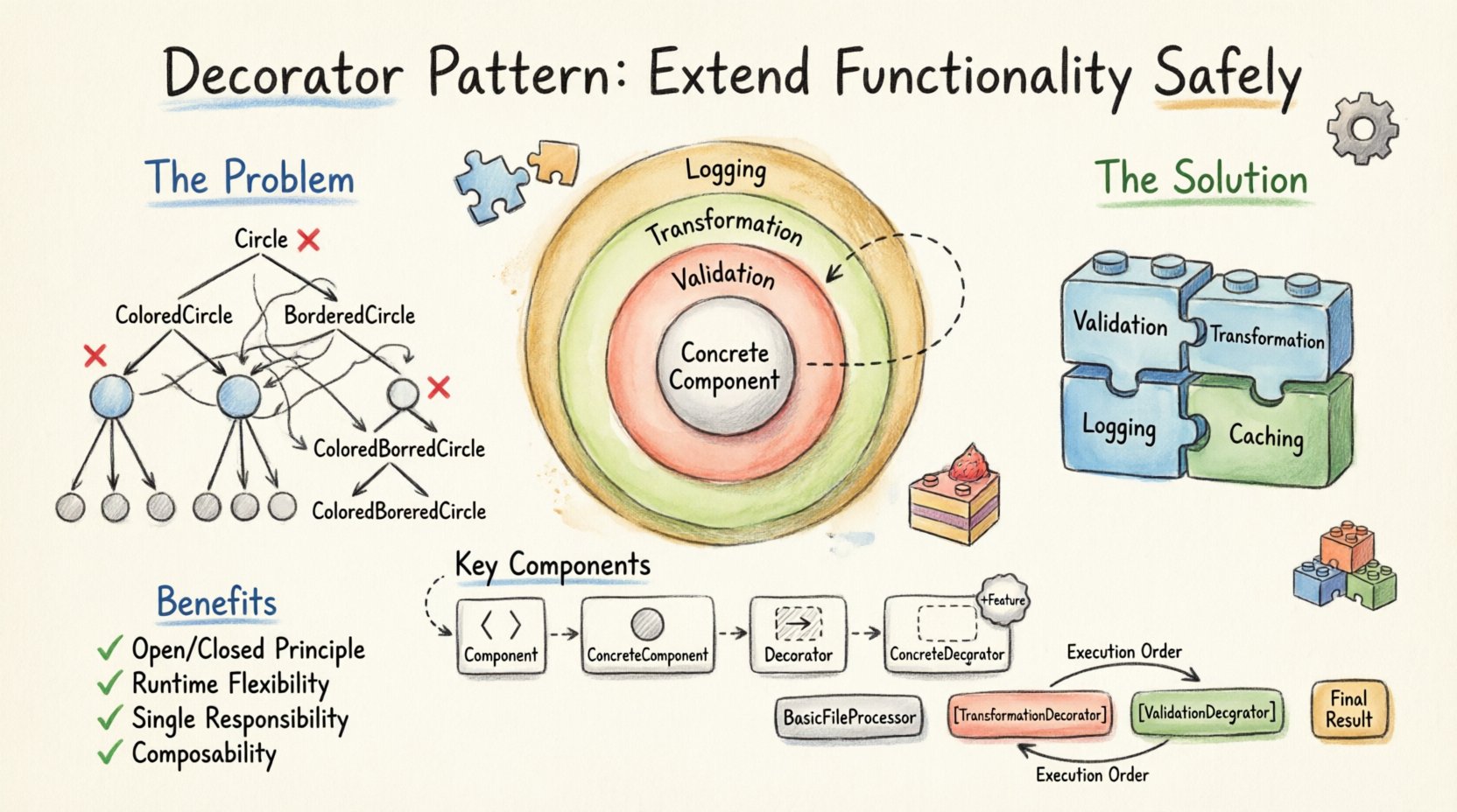 Hand-drawn infographic explaining the Decorator Pattern in object-oriented design: visualizes composition over inheritance, shows key components (Component, ConcreteComponent, Decorator, ConcreteDecorator), demonstrates dynamic layering of behaviors like validation and transformation, compares class explosion in inheritance vs. modular decorators, and highlights benefits including Open/Closed Principle, runtime flexibility, and single responsibility—ideal for software developers learning design patterns