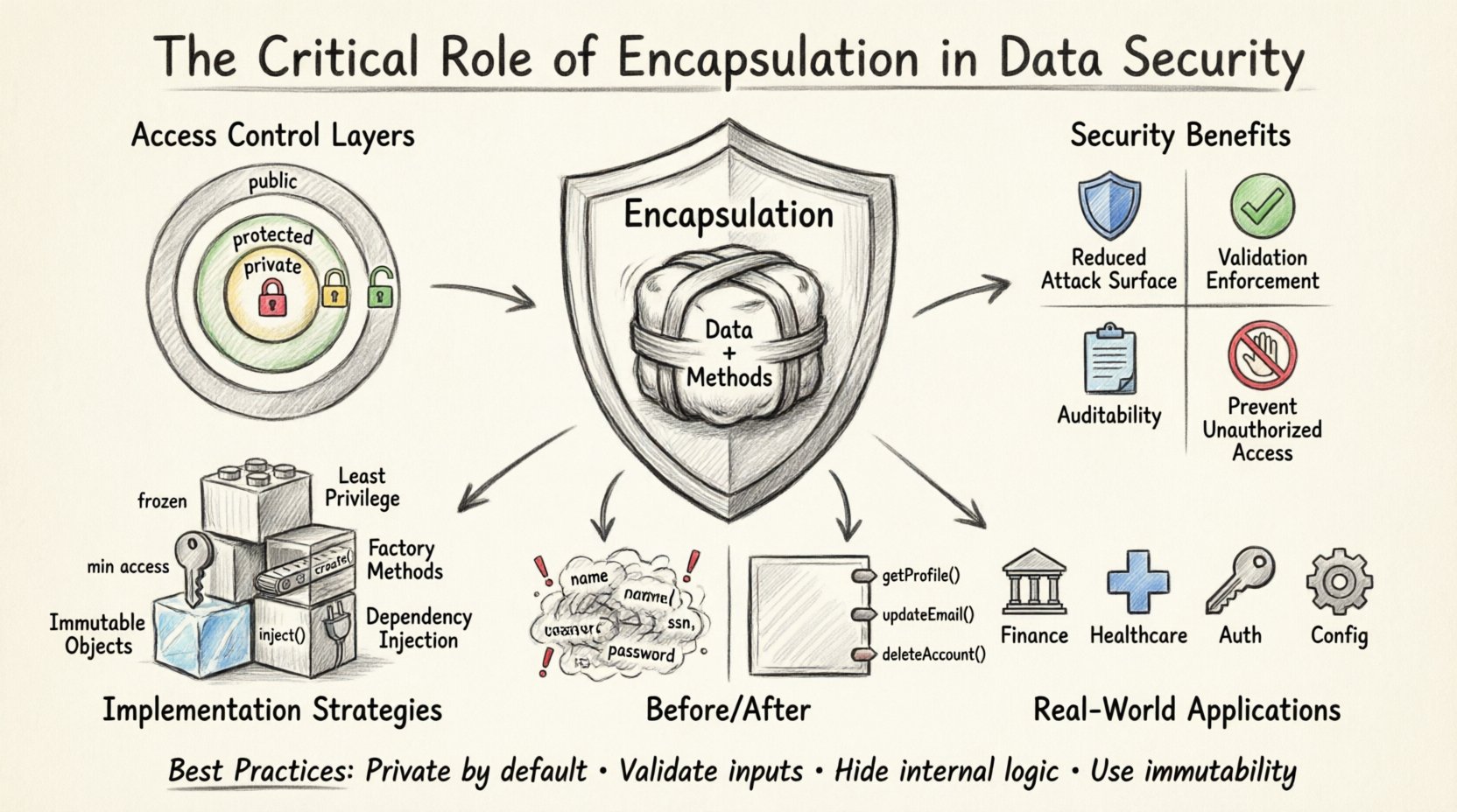 Sketch-style infographic illustrating encapsulation in OOAD for data security: shows protected data bundle with access control layers (private/protected/public), security benefits including reduced attack surface and validation enforcement, before/after comparison of exposed vs encapsulated code, implementation strategies like immutable objects and least privilege, and real-world applications in finance, healthcare, and authentication systems