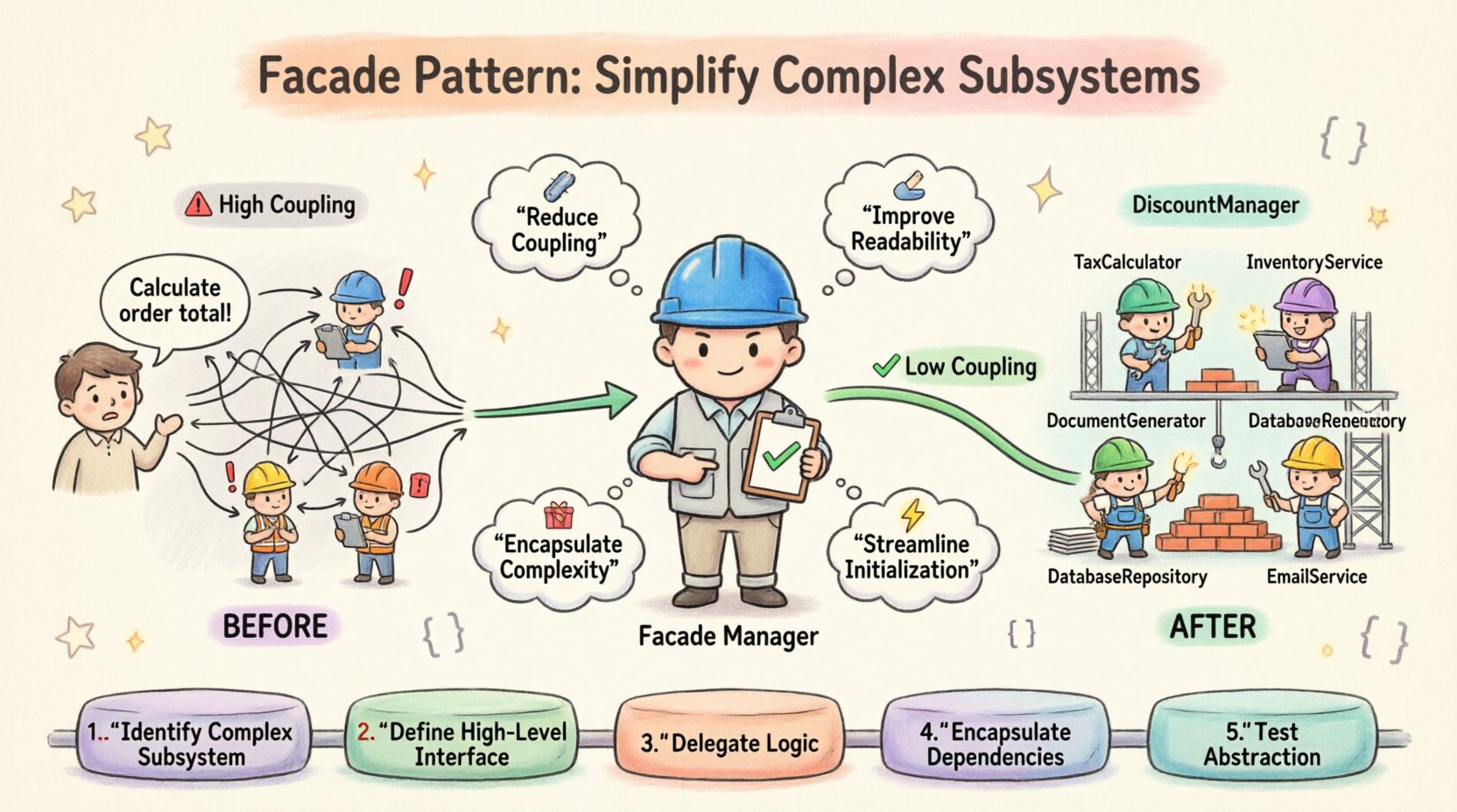 Whimsical infographic illustrating the Facade Design Pattern: a friendly manager character shields a client from a complex construction site of subsystem services (TaxCalculator, InventoryService, etc.), showing before/after comparison of high vs low coupling, key benefits (reduce coupling, improve readability, encapsulate complexity, streamline initialization), and a 5-step implementation path for simplifying complex software subsystems