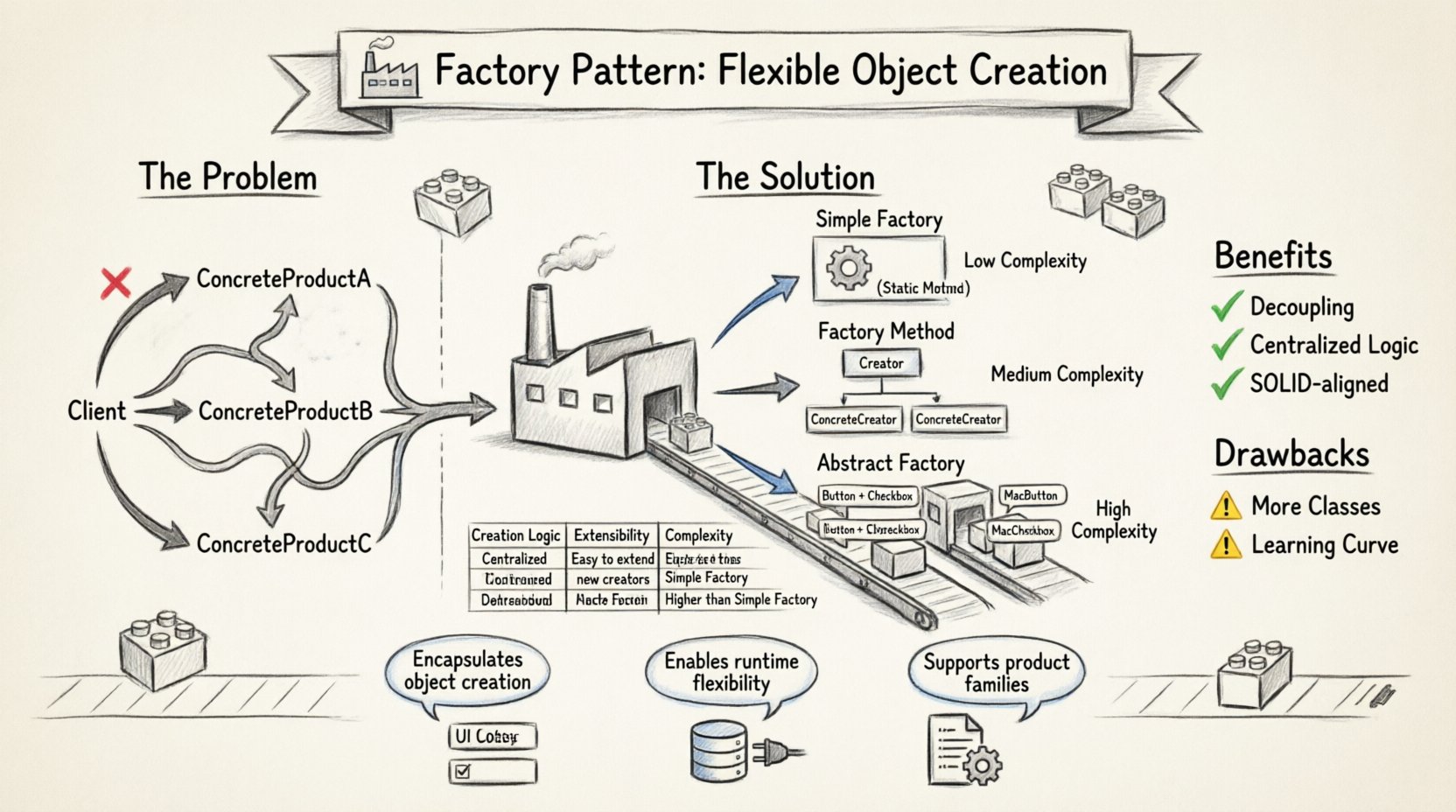 Sketch-style infographic explaining the Factory Pattern in object-oriented design: illustrates tight coupling problem, three factory variations (Simple Factory, Factory Method, Abstract Factory) with complexity levels, implementation workflow steps, benefits vs drawbacks comparison, SOLID principles alignment, and real-world use cases like UI frameworks, database connectivity, and logging systems