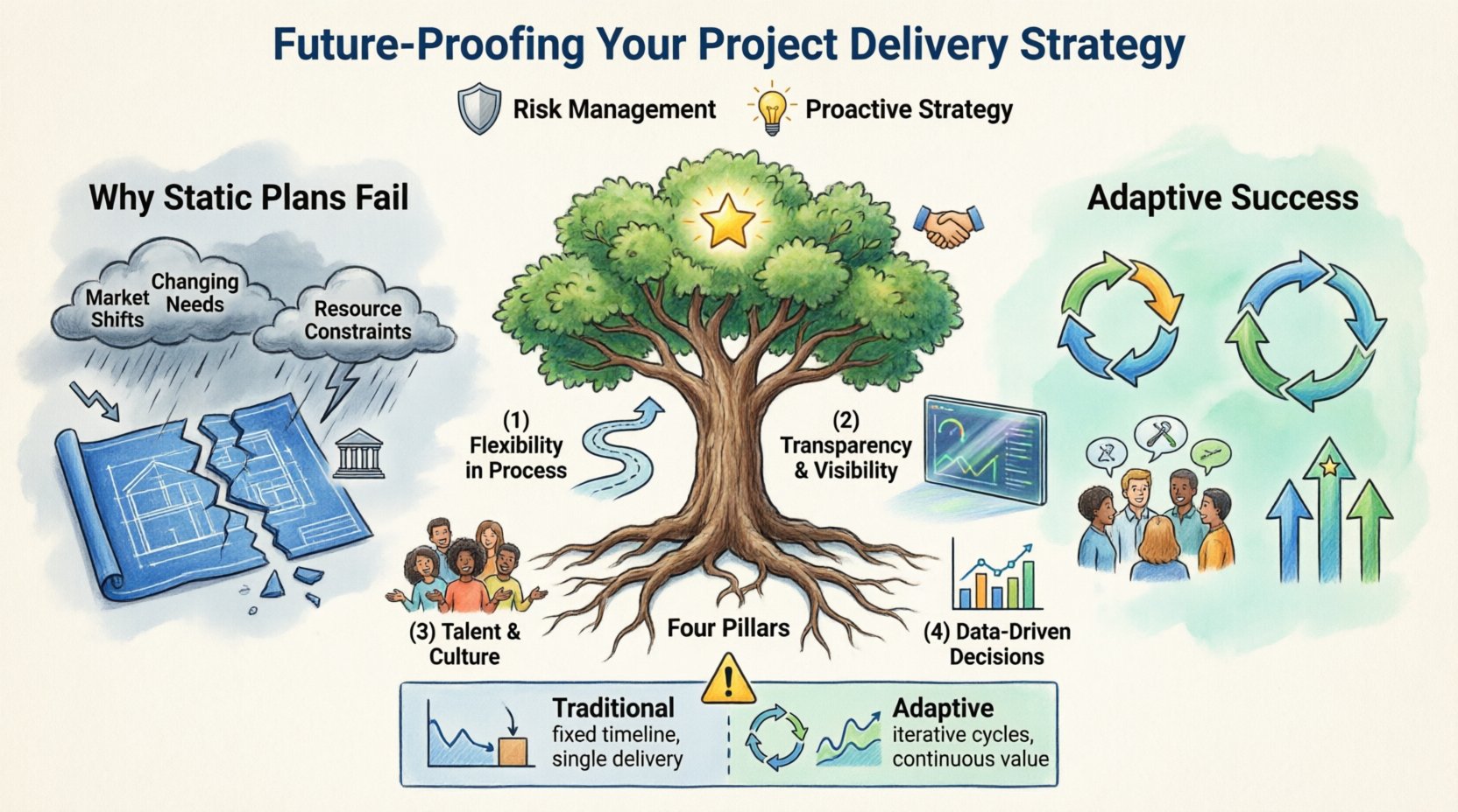 Cartoon infographic summarizing future-proof project delivery strategy: four pillars of adaptive delivery (flexibility in process, transparency, talent & culture, data-driven decisions), comparison of traditional vs agile methodologies, risk management practices, and resilient team culture tips for navigating volatile markets