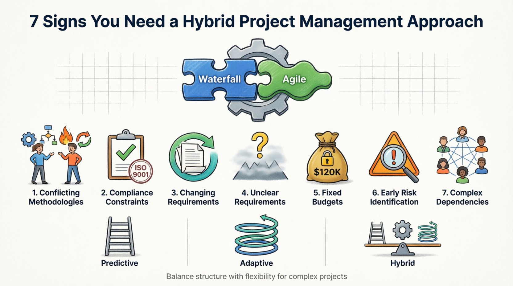 Cartoon infographic illustrating 7 signs you need a hybrid project management approach: conflicting team methodologies, regulatory compliance constraints, frequently changing stakeholder requirements, unclear initial requirements, fixed budgets with resource constraints, need for early risk identification, and complex cross-functional dependencies. Visualizes how combining Waterfall's structured planning with Agile's iterative flexibility creates balanced project delivery for complex initiatives.