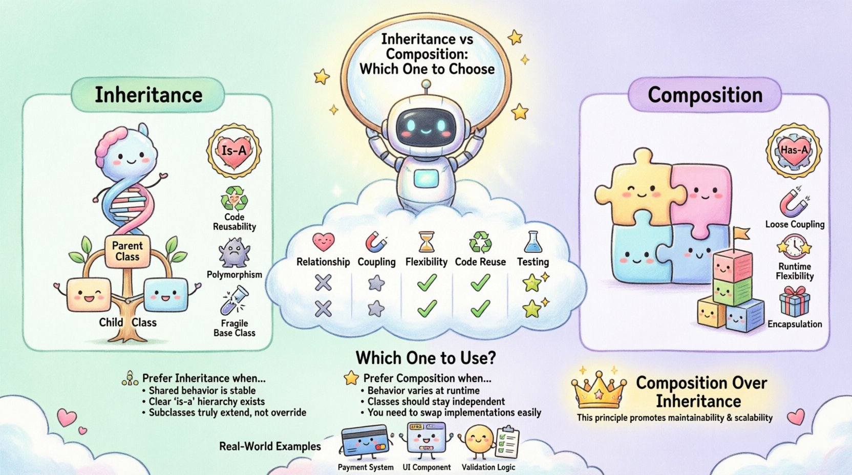 Kawaii-style infographic comparing inheritance and composition in object-oriented programming, featuring cute characters illustrating Is-A vs Has-A relationships, coupling levels, flexibility differences, testing implications, and best practices for software architecture design decisions