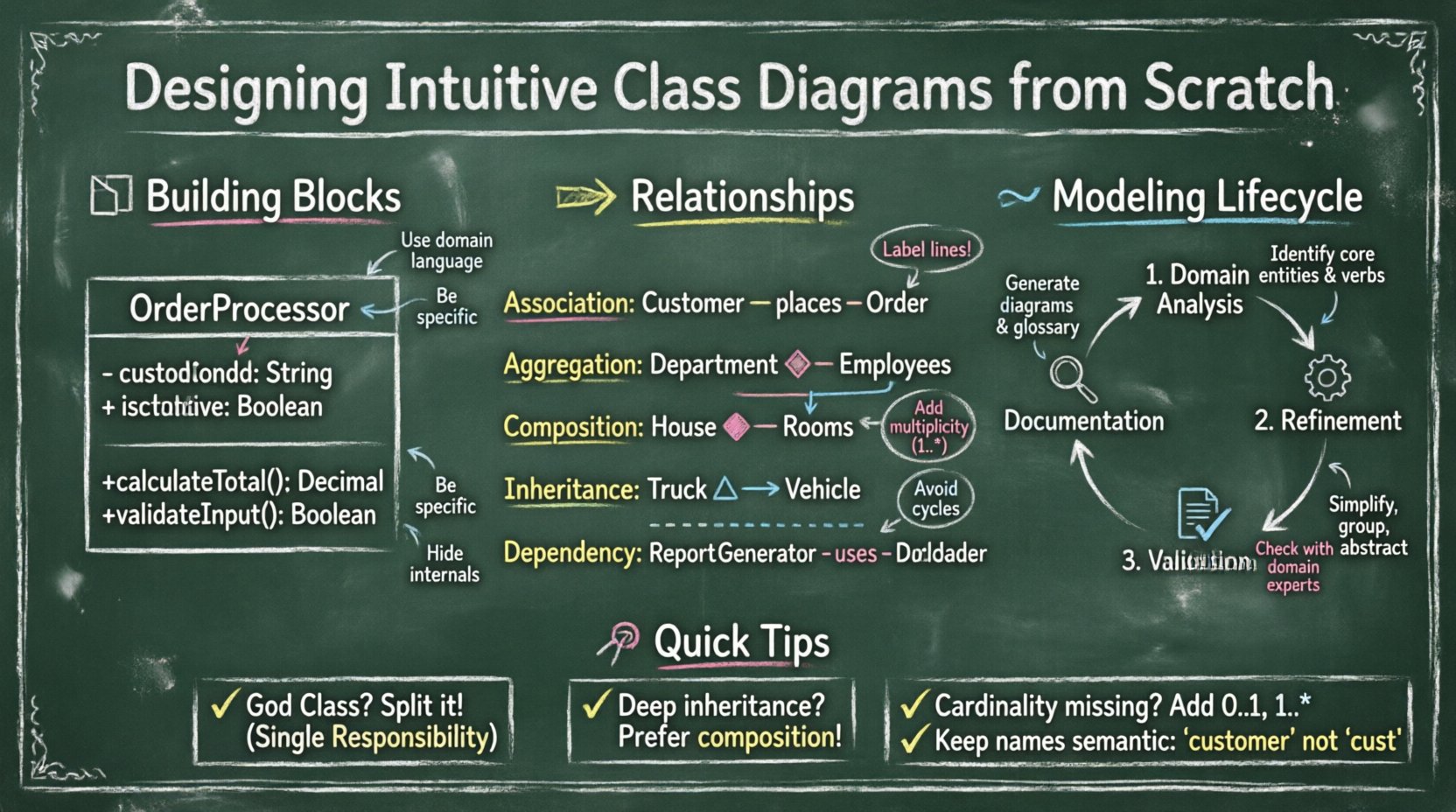 Chalkboard-style infographic illustrating how to design intuitive UML class diagrams, covering building blocks (class names, attributes, methods), relationship types (association, aggregation, composition, inheritance, dependency), modeling lifecycle phases, and best practices for clarity and maintainability