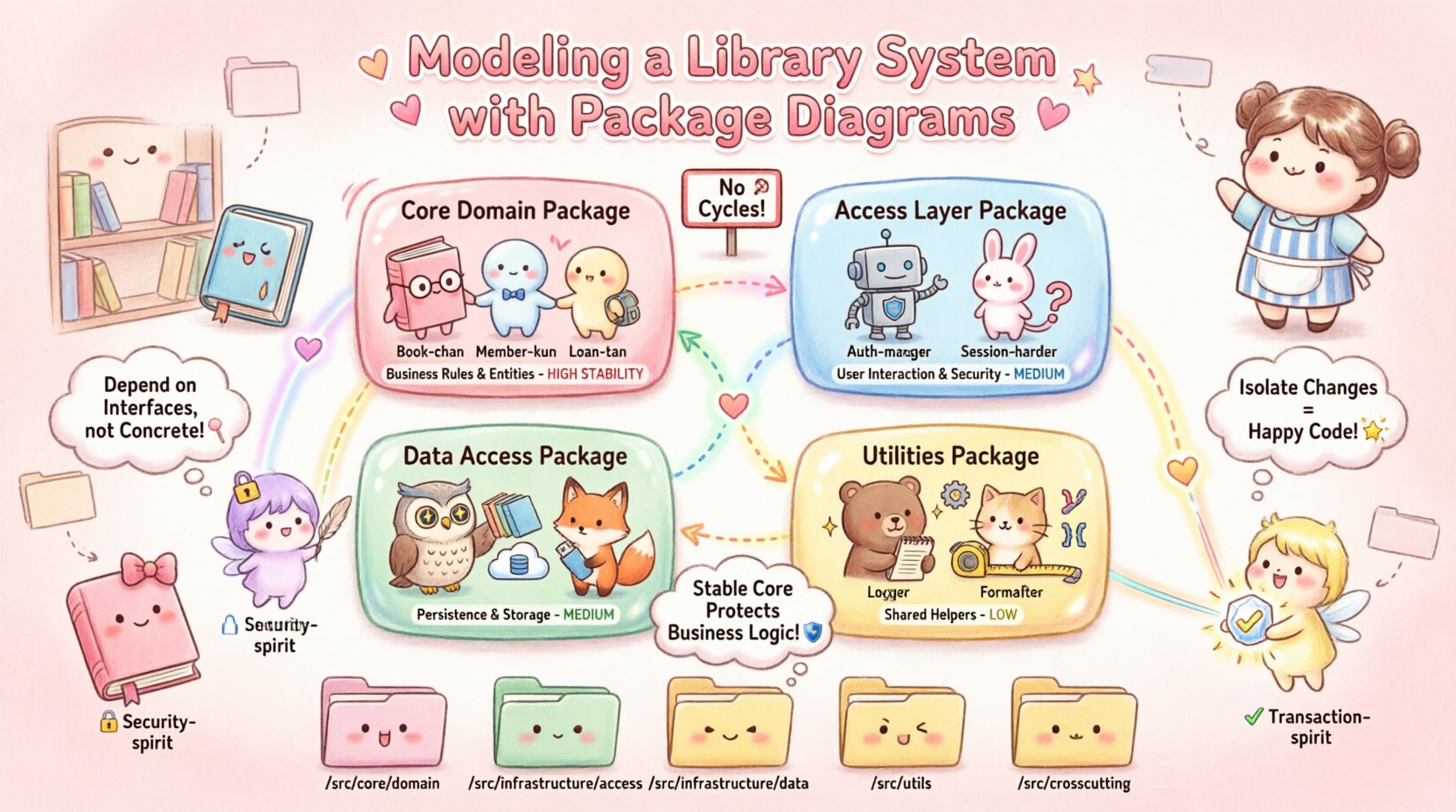 Kawaii-style infographic illustrating UML package diagram architecture for a library management system, showing four main packages: Core Domain with Book/Member/Loan entities, Access Layer for authentication, Data Access for persistence, and Utilities for helper functions, with dependency arrows demonstrating unidirectional flow and key software architecture principles like stable core dependencies and interface segregation, designed with cute pastel characters and library-themed elements