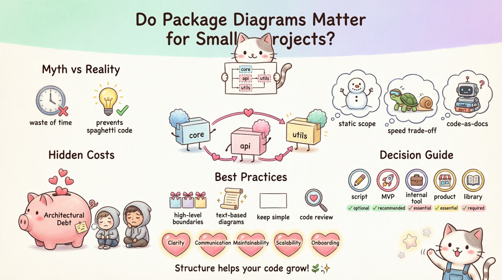 Kawaii-style infographic explaining why package diagrams matter for small software projects, featuring cute coding cat mascot, pastel-colored package characters with dependency ribbons, myth-vs-reality comparisons, architectural debt piggy bank, project-type recommendation badges, best practices checklist, and benefit heart-icons, all in soft pastel colors with rounded friendly typography