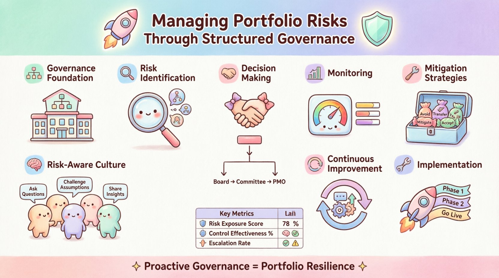Kawaii-style infographic summarizing structured governance for portfolio risk management, featuring cute icons for governance frameworks, risk identification categories, tiered decision-making, monitoring metrics dashboard, mitigation strategies (avoid/transfer/mitigate/accept), risk-aware culture building, continuous improvement loops, and implementation roadmap in soft pastel colors with 16:9 layout