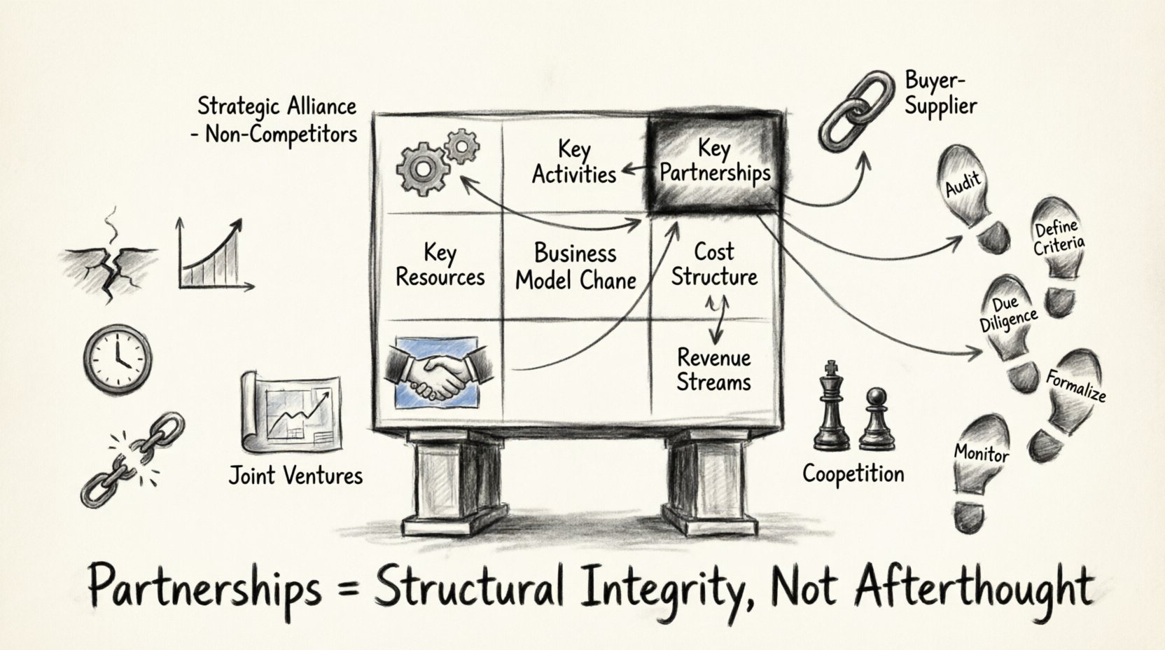 Charcoal sketch infographic of the Business Model Canvas highlighting Key Partnerships as a structural pillar. Shows four alliance types (strategic non-competitor alliances, joint ventures, coopetition, buyer-supplier relationships), connections to Key Activities/Resources/Cost Structure/Revenue Streams, warning icons for risks of ignoring partnerships (increased costs, slow time-to-market, limited reach, fragile supply chains), and a 5-step partnership strategy path. Monochrome contour style with hand-drawn business illustration aesthetic, 16:9 layout.
