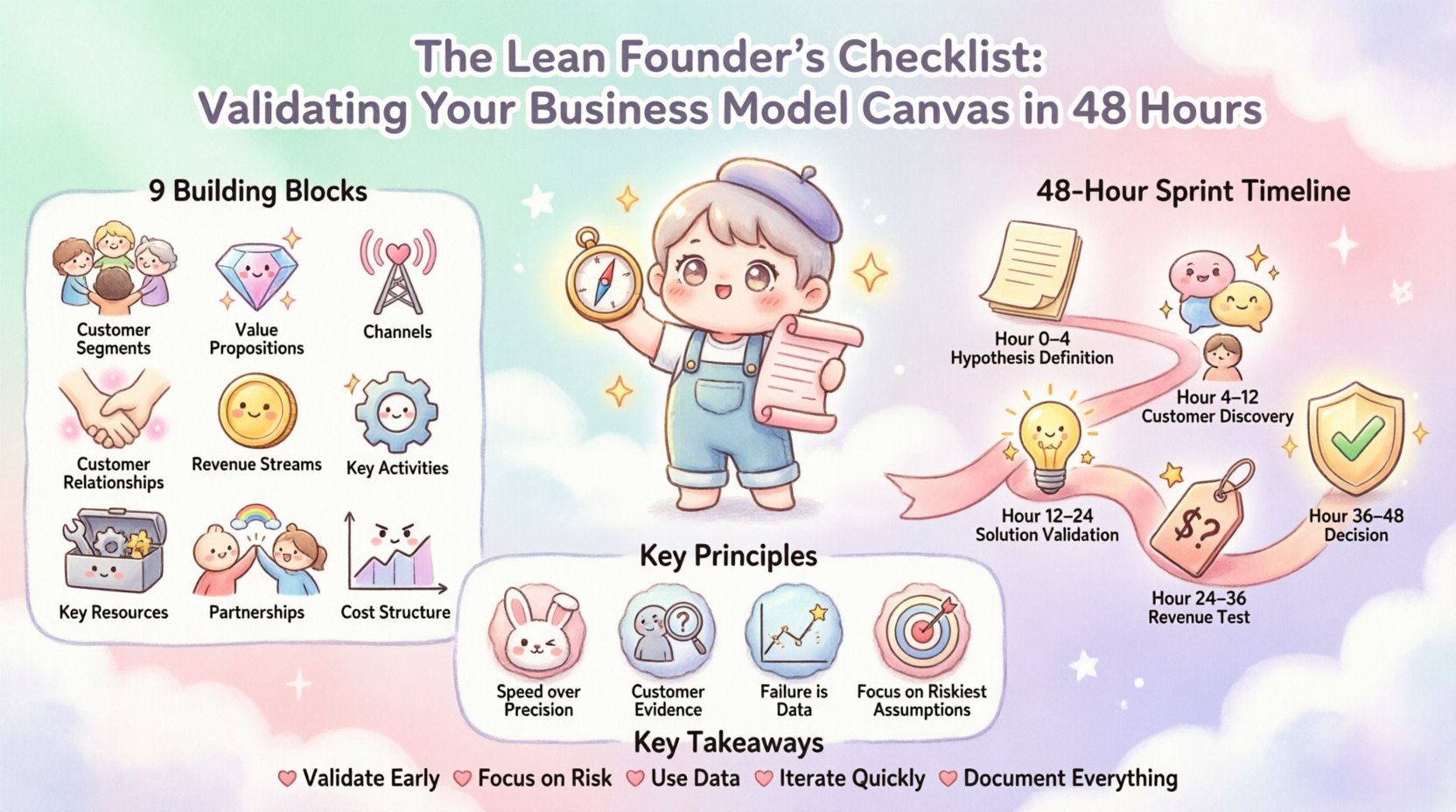 Kawaii-style infographic illustrating The Lean Founder's 48-Hour Business Model Canvas Validation Checklist, featuring nine cute building block icons, a visual sprint timeline from Hour 0-48, key validation principles, and actionable takeaways for startup founders in soft pastel colors with adorable character illustrations