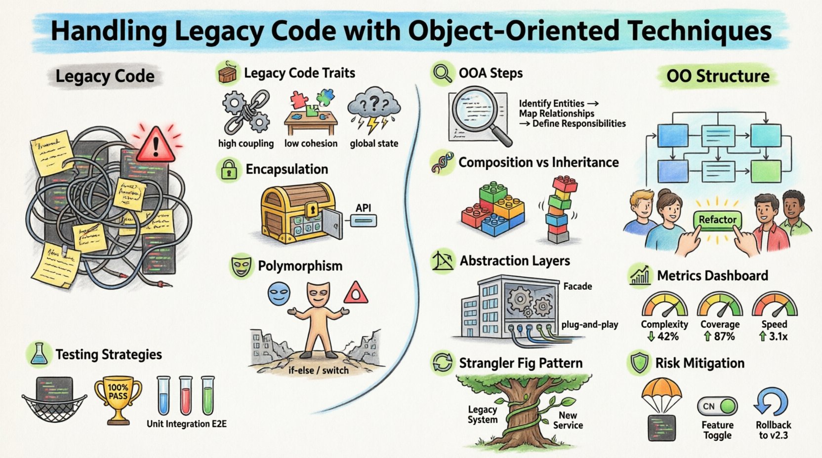 Cartoon infographic illustrating how to handle legacy code with object-oriented techniques: transforming messy procedural code into clean OO design through encapsulation, composition over inheritance, polymorphism, abstraction layers with facades and dependency injection, testing strategies like golden master tests, measurable metrics for improvement, and migration patterns such as the Strangler Fig pattern