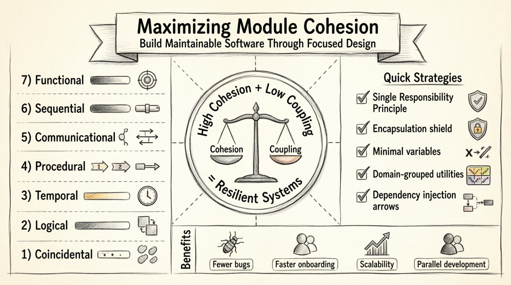 Hand-drawn sketch infographic titled 'Maximizing Module Cohesion' illustrating software architecture best practices: vertical spectrum ladder showing 7 cohesion types from Coincidental (weakest) to Functional (strongest) with icons, central principle badge 'High Cohesion + Low Coupling = Resilient Systems', quick strategies panel covering Single Responsibility Principle, encapsulation, minimal variables, domain-grouped utilities, and dependency injection, plus bottom benefits row highlighting fewer bugs, faster onboarding, scalability, and parallel development - all in black ink sketch style on light paper texture with 16:9 aspect ratio