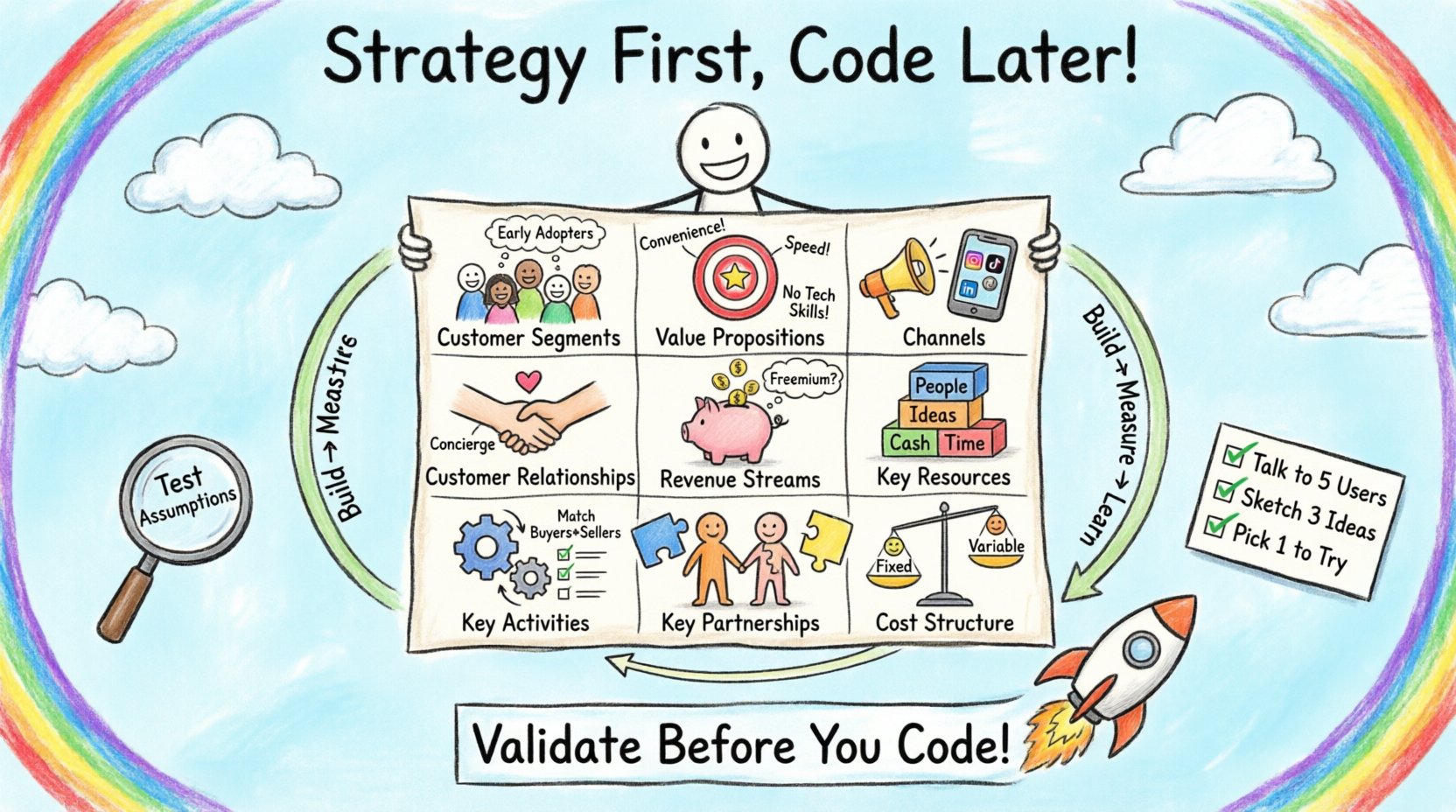 A playful child's drawing style infographic illustrating the No-Code approach to building a Business Model Canvas for MVPs, featuring nine colorful hand-drawn blocks representing Customer Segments, Value Propositions, Channels, Customer Relationships, Revenue Streams, Key Resources, Key Activities, Key Partnerships, and Cost Structure, with a central 'Strategy First, Code Later' message, Build-Measure-Learn validation loop, and cheerful crayon aesthetic emphasizing visual planning before software development