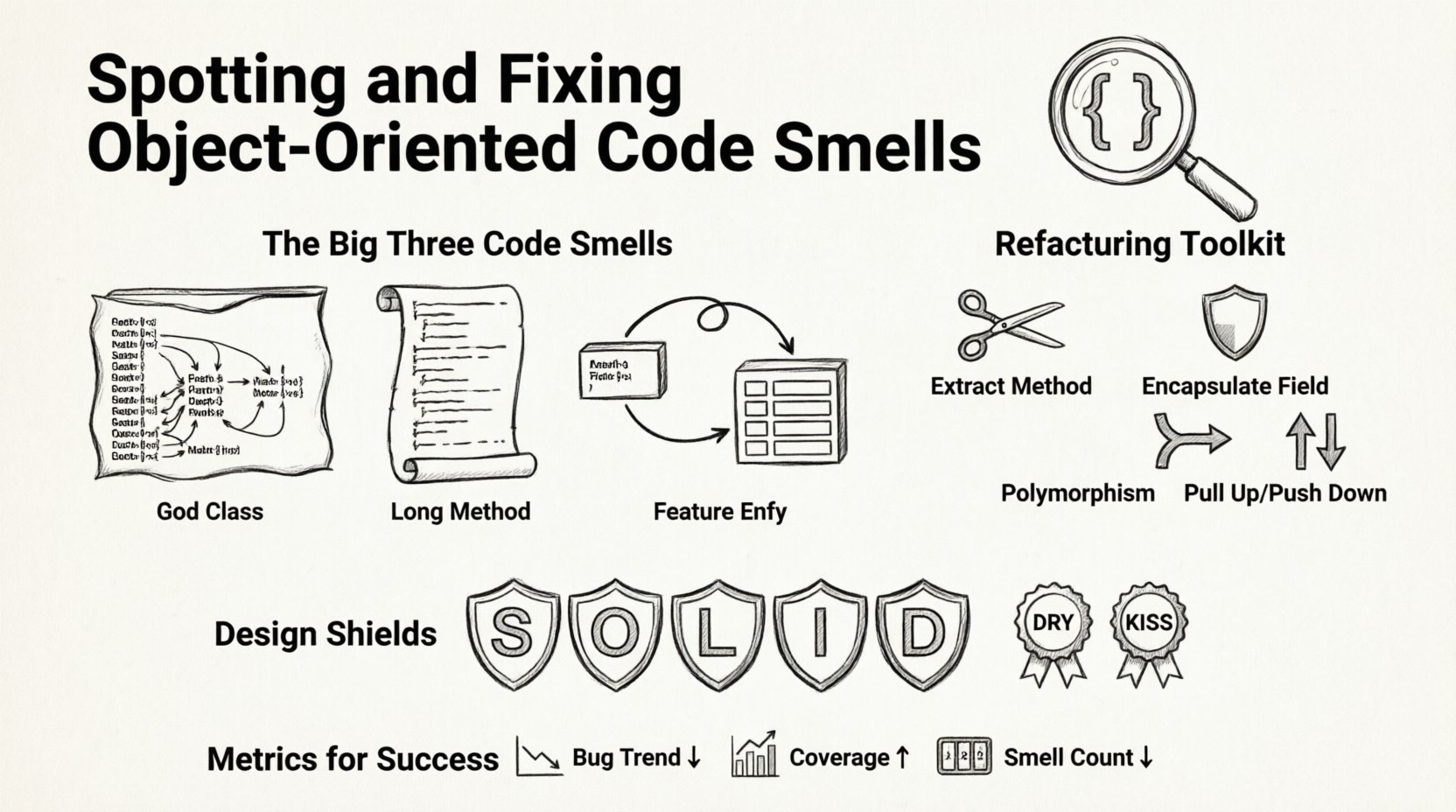Line art infographic illustrating object-oriented code smells: visual guide to spotting and fixing God Class, Long Method, and Feature Envy with refactoring techniques, SOLID principles shields, and quality metrics dashboard for cleaner software architecture