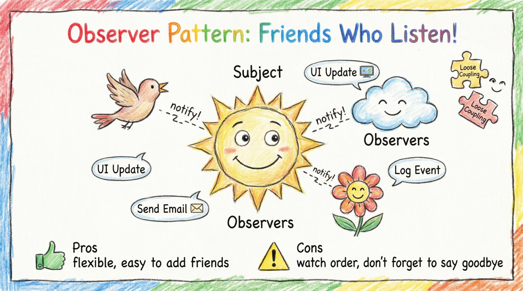 Child-style crayon drawing infographic explaining the Observer Pattern: a central Subject character notifies multiple Observer characters through loose connections, illustrating decoupled software design with playful visuals and simple English labels