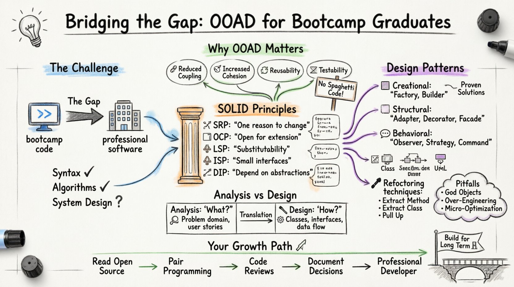 Hand-drawn whiteboard infographic illustrating Object-Oriented Analysis and Design (OOAD) fundamentals for bootcamp graduates, featuring the transition from coding to software engineering, SOLID principles (Single Responsibility, Open/Closed, Liskov Substitution, Interface Segregation, Dependency Inversion), essential design patterns categorized as Creational, Structural, and Behavioral, Analysis vs Design comparison, UML diagram types, refactoring techniques, common pitfalls to avoid, and actionable steps for professional growth in software development.