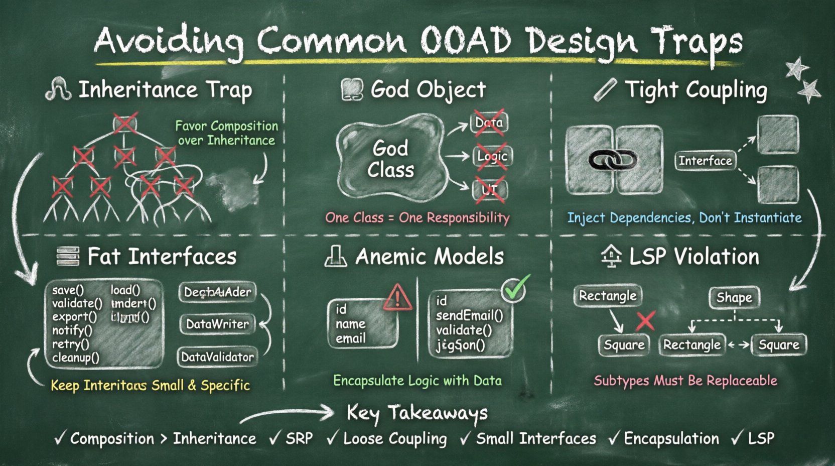 Chalkboard-style infographic illustrating six common Object-Oriented Analysis and Design (OOAD) traps: inheritance hierarchy pitfalls, God Object anti-pattern, tight coupling, fat interfaces, anemic domain models, and Liskov Substitution Principle violations. Hand-written teacher aesthetic with color-coded chalk sections, visual icons, and key takeaways for writing maintainable, loosely-coupled software architecture.