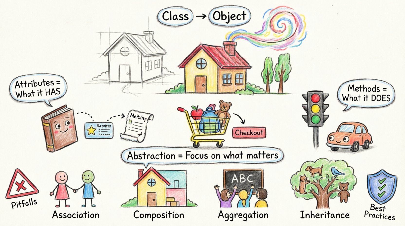 Child's drawing style infographic explaining object-oriented programming: class as blueprint becoming object house, attributes and methods, real-world examples like library and shopping cart, relationship types with simple analogies, and best practices for maintainable code