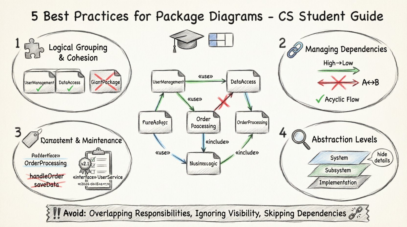 Sketch-style educational infographic showing 5 best practices for UML package diagrams for computer science students: logical grouping with high cohesion and low coupling, strategic dependency management with directional arrows avoiding cycles, consistent PascalCase naming conventions like UserManagement and DataAccess, multi-level abstraction hierarchy from system to subsystem, and documentation maintenance with version tracking and UML stereotypes, presented in hand-drawn pencil aesthetic with blue accent highlights