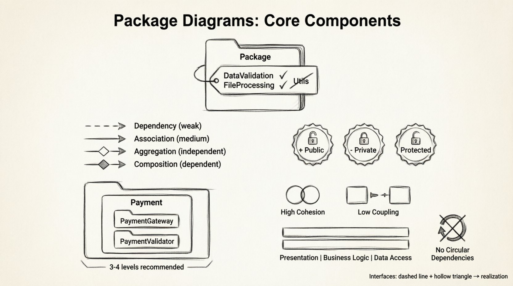 Line art infographic explaining UML package diagram core components: package elements with naming conventions, four relationship types (dependency, association, aggregation, composition) with visual arrow indicators, visibility modifiers (public/private/protected), nested package hierarchy examples, and architectural best practices including high cohesion, low coupling, layered architecture, and avoiding circular dependencies for software system design