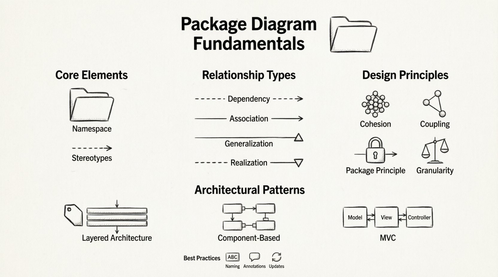 Line art infographic illustrating package diagram fundamentals in software engineering, showing core elements like packages and relationships, four relationship types with visual notations (dependency, association, generalization, realization), design principles including cohesion and coupling, architectural patterns such as layered architecture and MVC, and best practices for documentation - clean minimalist black and white technical illustration for developers and system architects