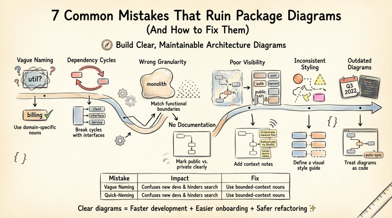 Hand-drawn infographic illustrating 7 common package diagram mistakes in software architecture: vague naming, dependency cycles, incorrect granularity, poor visibility management, lack of documentation, inconsistent styling, and outdated diagrams—each with visual before/after examples and actionable fixes, styled with thick outline strokes on a 16:9 canvas